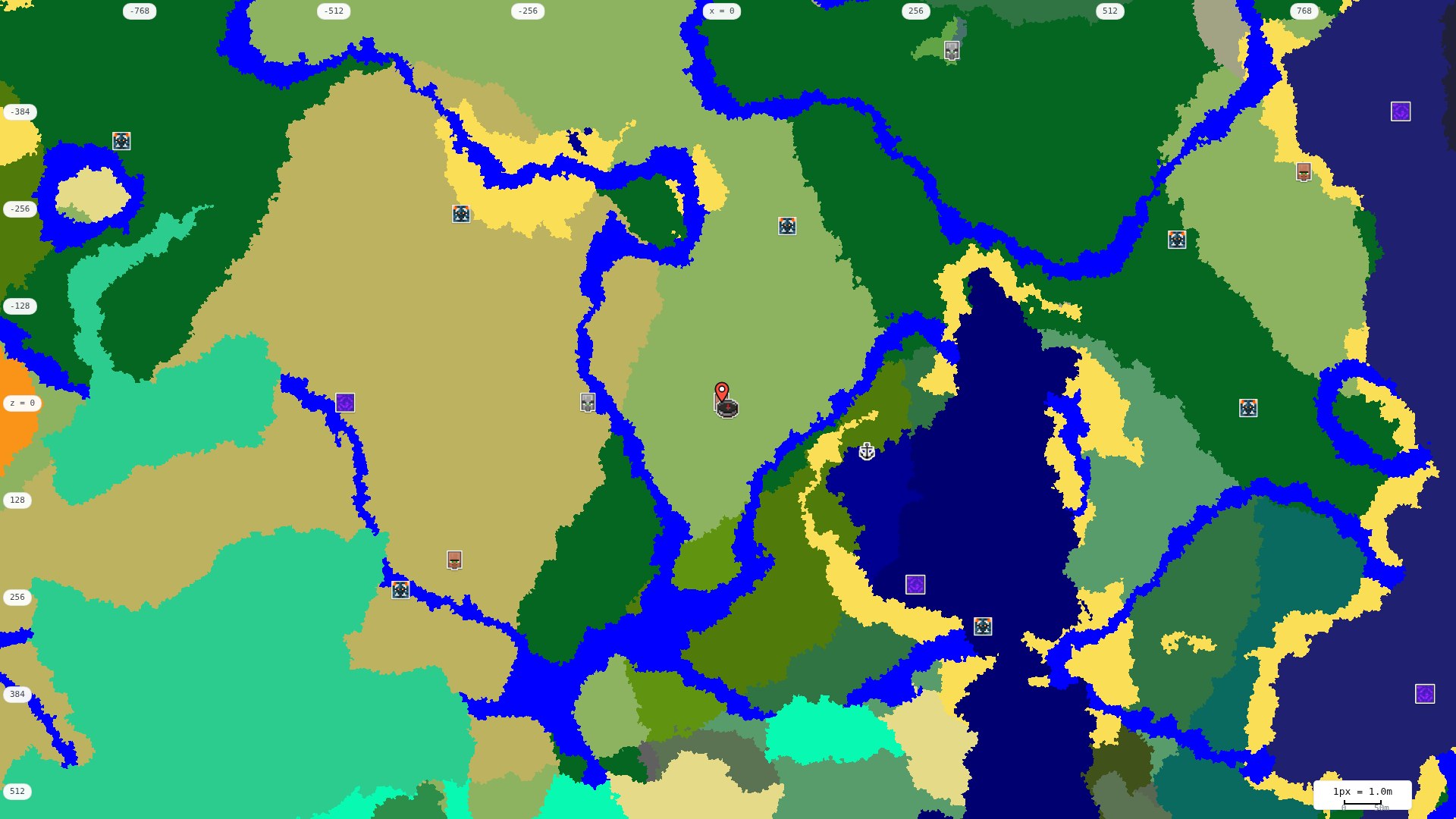 Top-down structures map: village, pillager outpost, ruined portal, shipwreck, woodland mansion, ocean monument, trial chambers, ancient city, desert pyramid, jungle temple, trail ruins