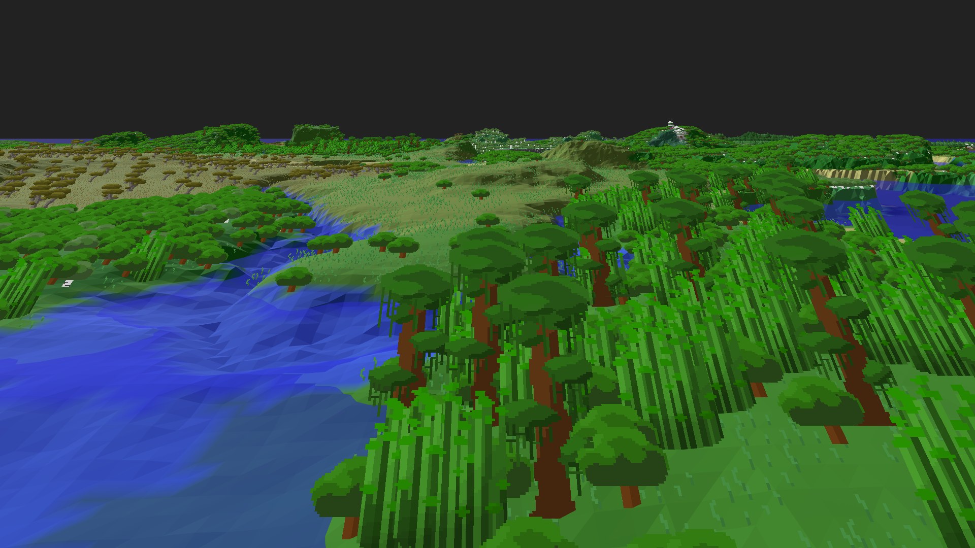 Near-horizontal 3D view from spawn looking at the surrounding terrain
