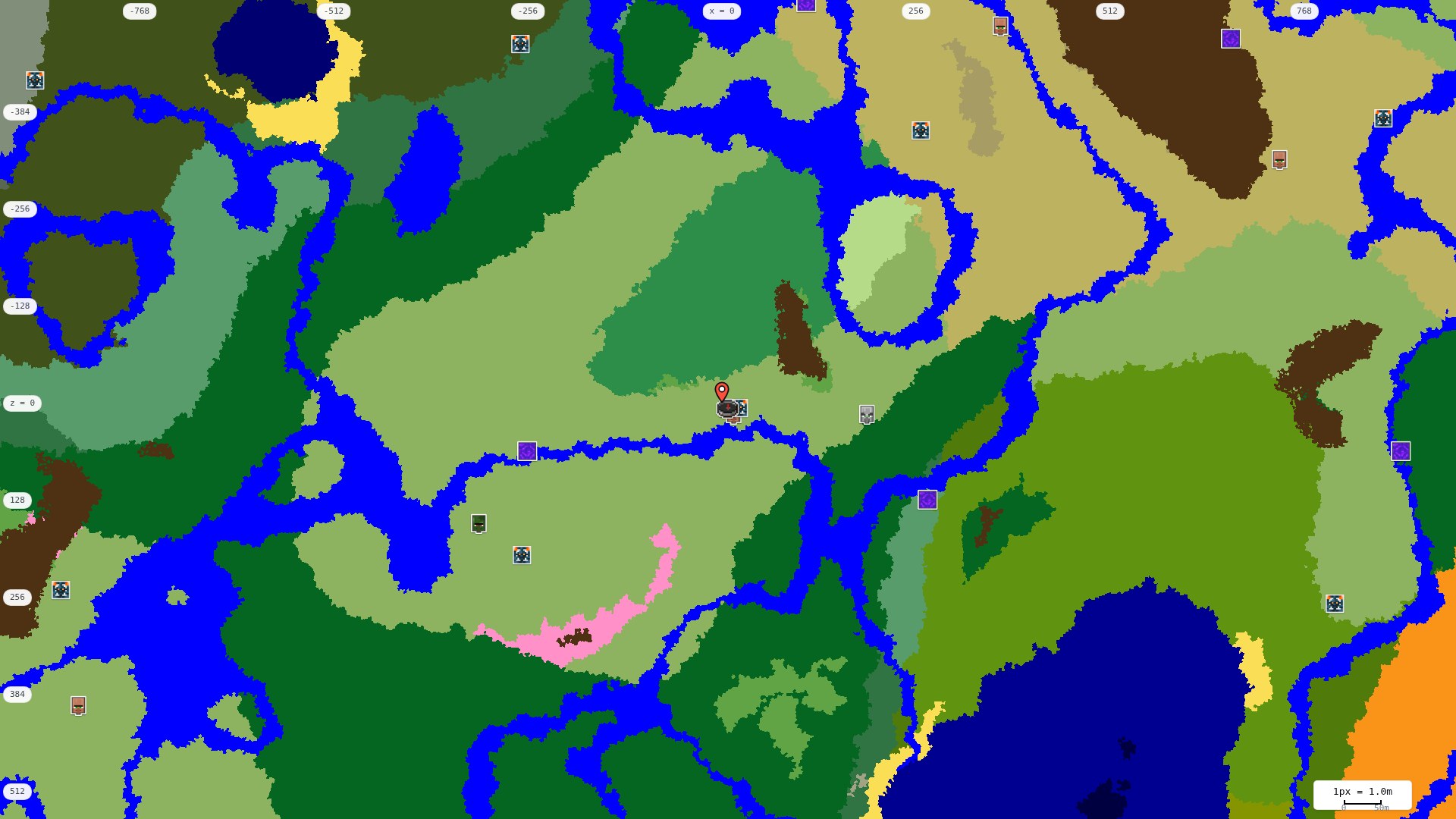 Top-down structures map: village, pillager outpost, ruined portal, shipwreck, woodland mansion, ocean monument, trial chambers, ancient city, desert pyramid, jungle temple, trail ruins