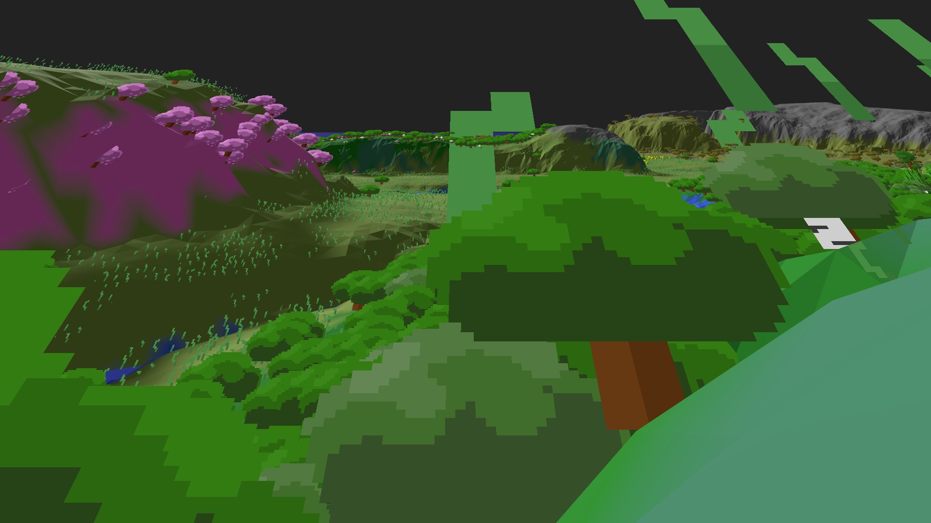Near-horizontal 3D view from spawn looking at the surrounding terrain