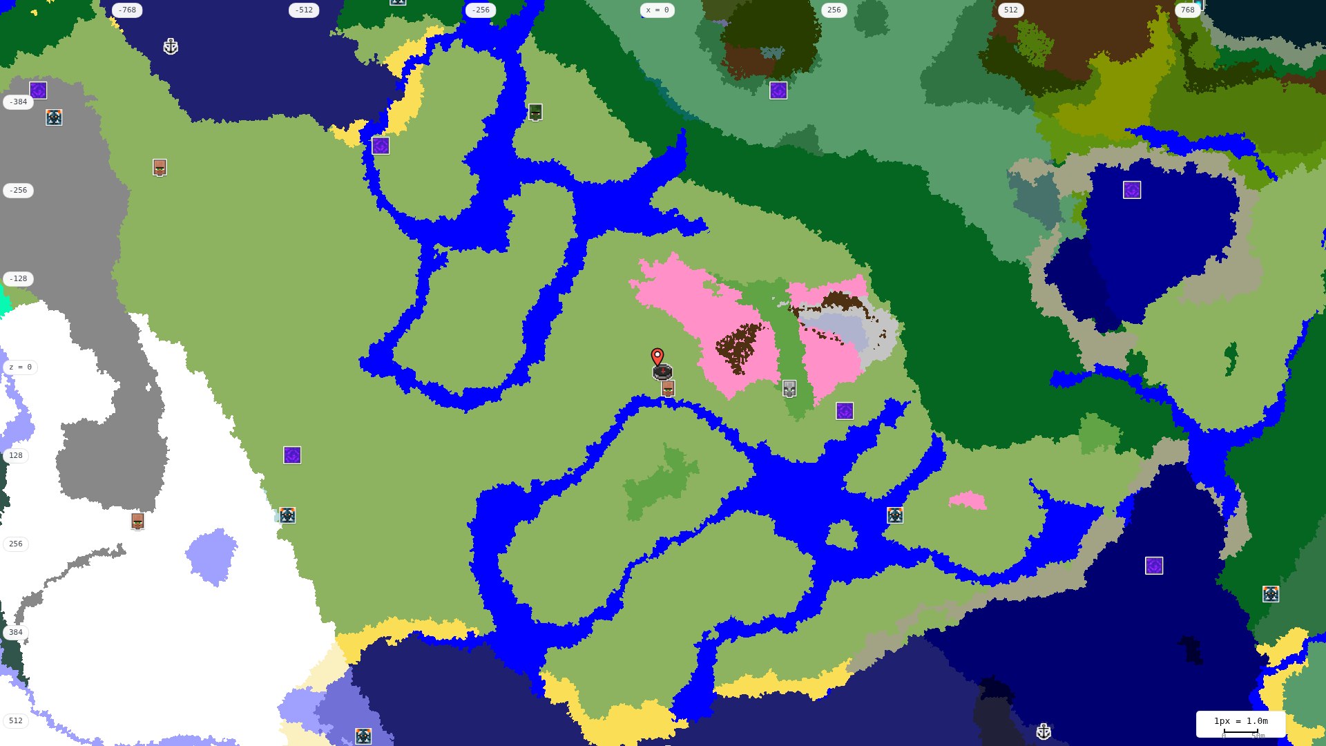 Top-down structures map: village, pillager outpost, ruined portal, shipwreck, woodland mansion, ocean monument, trial chambers, ancient city, desert pyramid, jungle temple, trail ruins