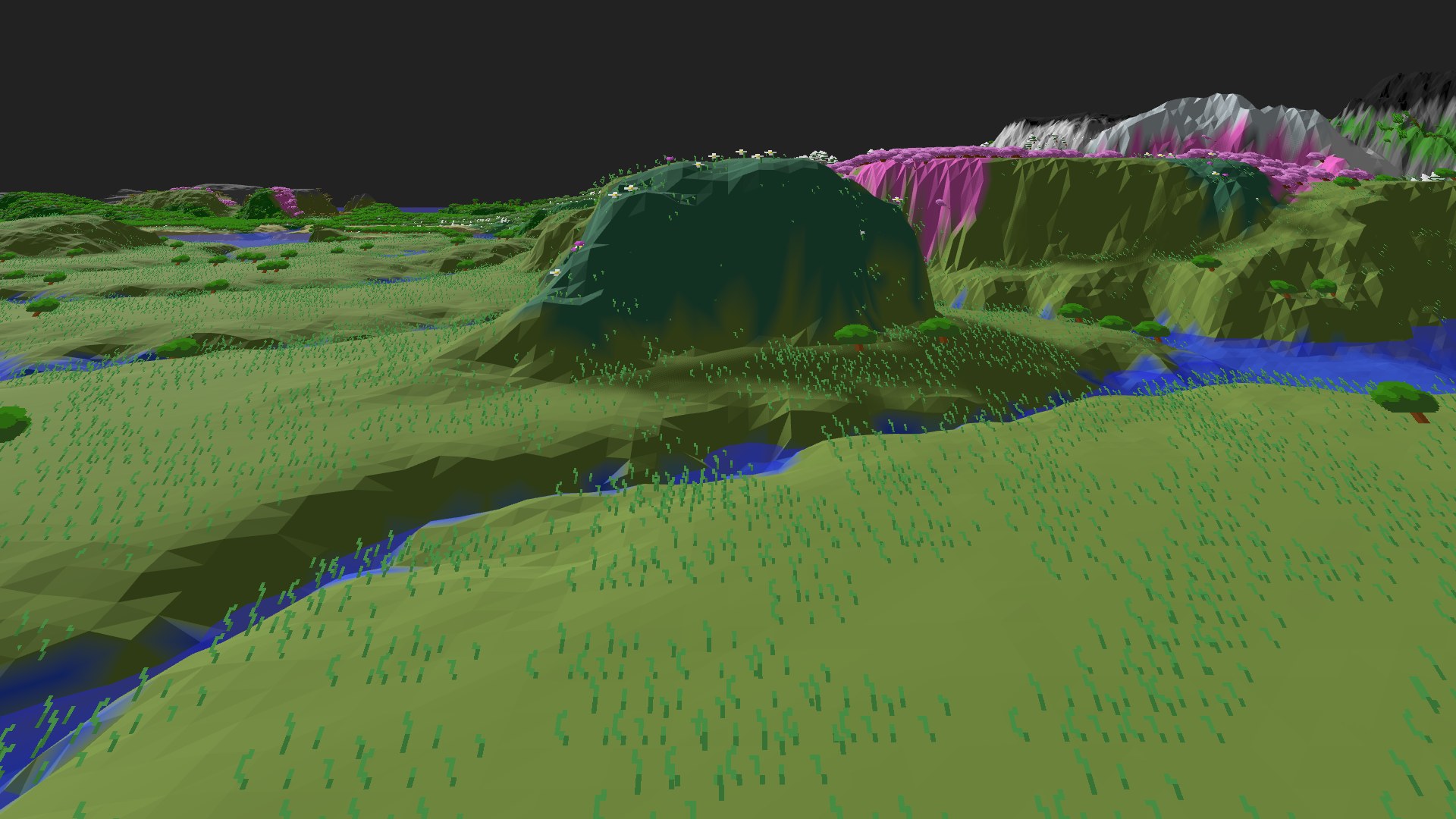 Near-horizontal 3D view from spawn looking at the surrounding terrain