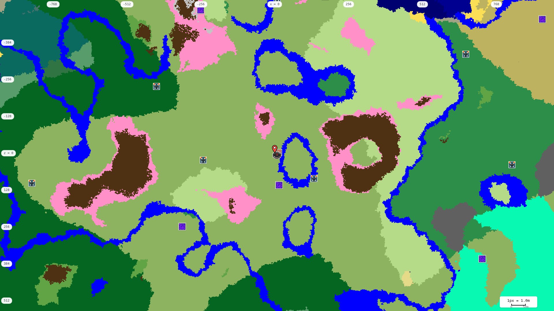 Top-down structures map: village, pillager outpost, ruined portal, shipwreck, woodland mansion, ocean monument, trial chambers, ancient city, desert pyramid, jungle temple, trail ruins