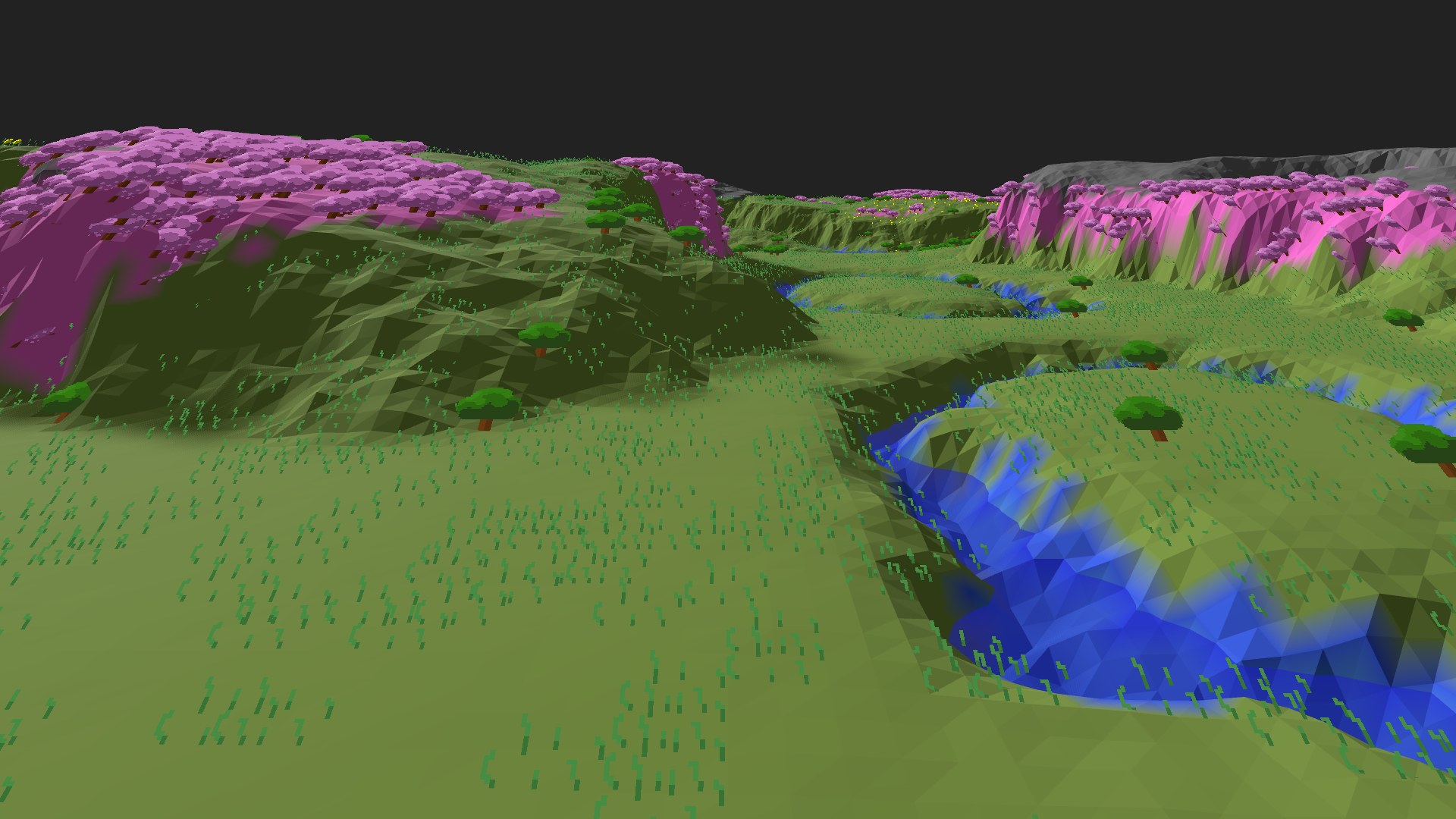 Near-horizontal 3D view from spawn looking at the surrounding terrain