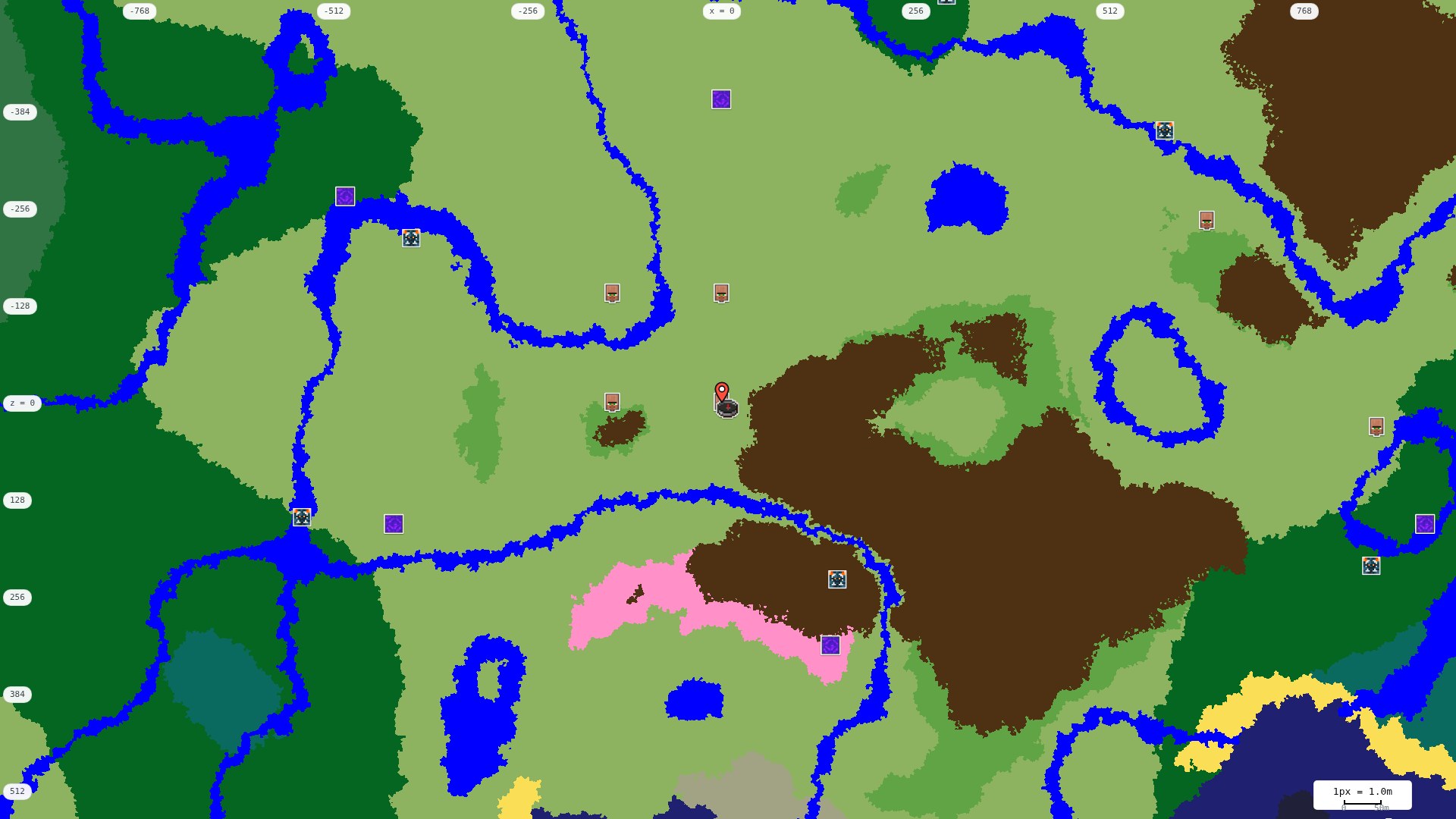 Top-down structures map: village, pillager outpost, ruined portal, shipwreck, woodland mansion, ocean monument, trial chambers, ancient city, desert pyramid, jungle temple, trail ruins