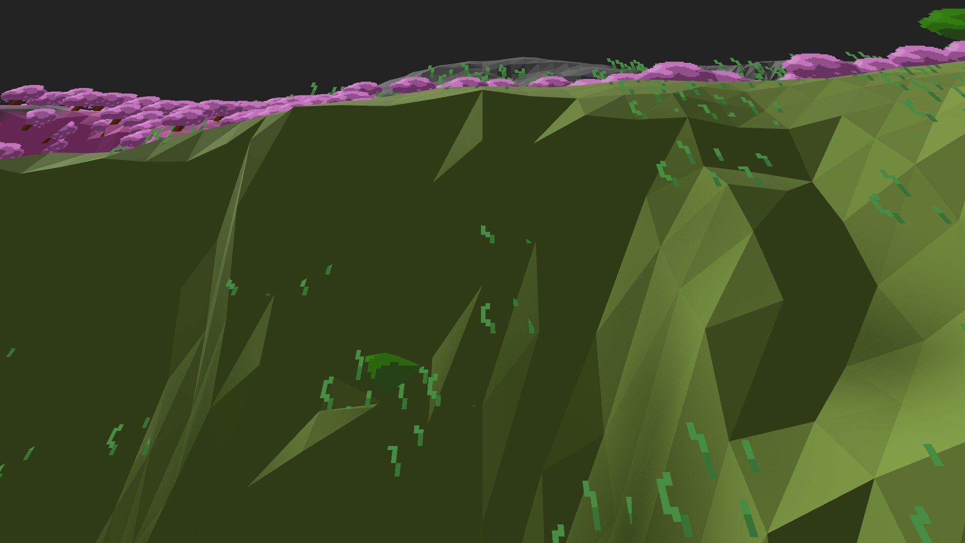 Near-horizontal 3D view from spawn looking at the surrounding terrain