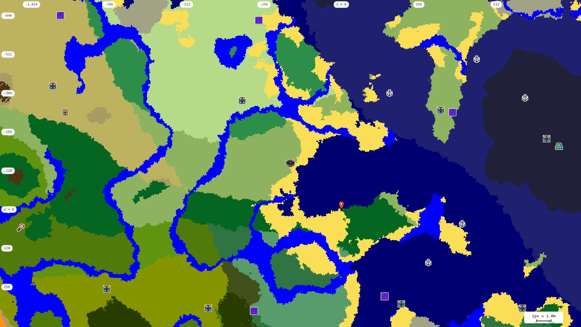 Top-down structures map: village, pillager outpost, ruined portal, shipwreck, woodland mansion, ocean monument, trial chambers, ancient city, desert pyramid, jungle temple, trail ruins