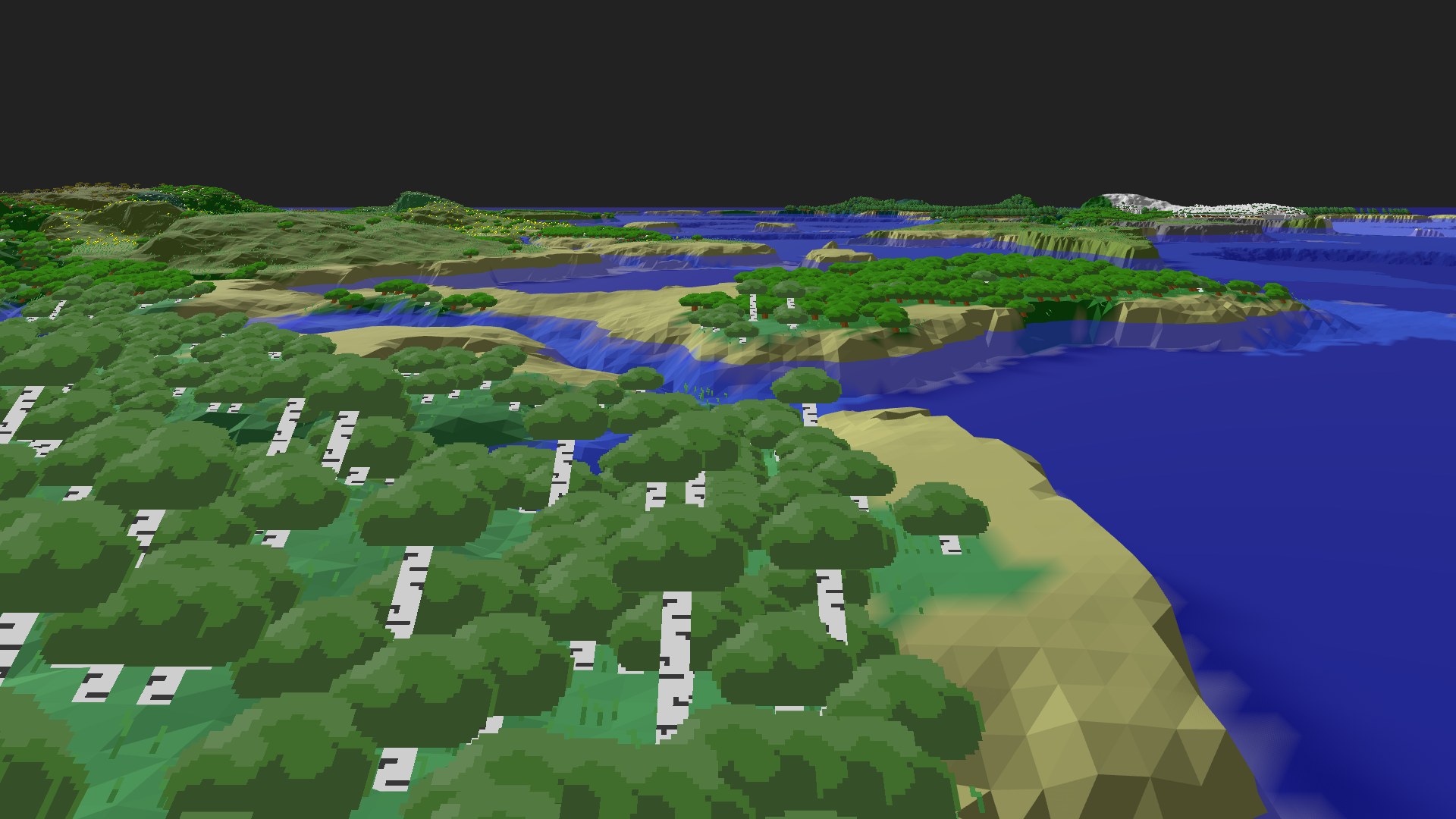 Near-horizontal 3D view from spawn looking at the surrounding terrain