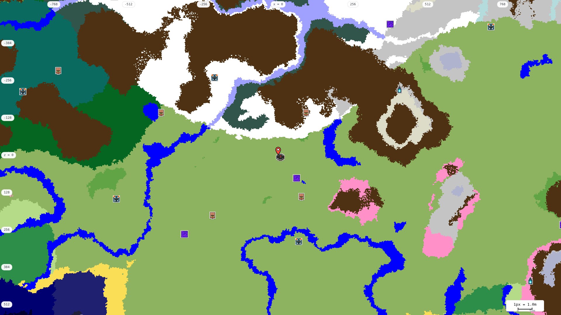 Top-down structures map: village, pillager outpost, ruined portal, shipwreck, woodland mansion, ocean monument, trial chambers, ancient city, desert pyramid, jungle temple, trail ruins
