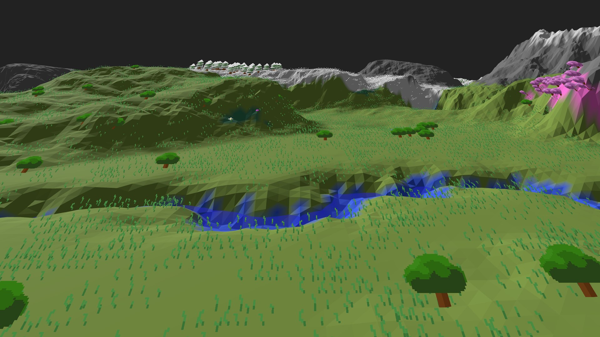 Near-horizontal 3D view from spawn looking at the surrounding terrain