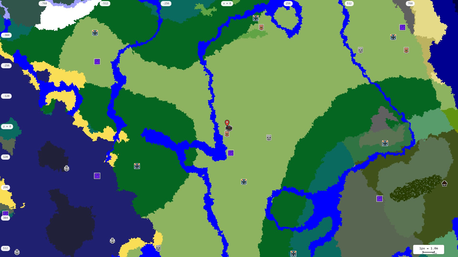 Top-down structures map: village, pillager outpost, ruined portal, shipwreck, woodland mansion, ocean monument, trial chambers, ancient city, desert pyramid, jungle temple, trail ruins