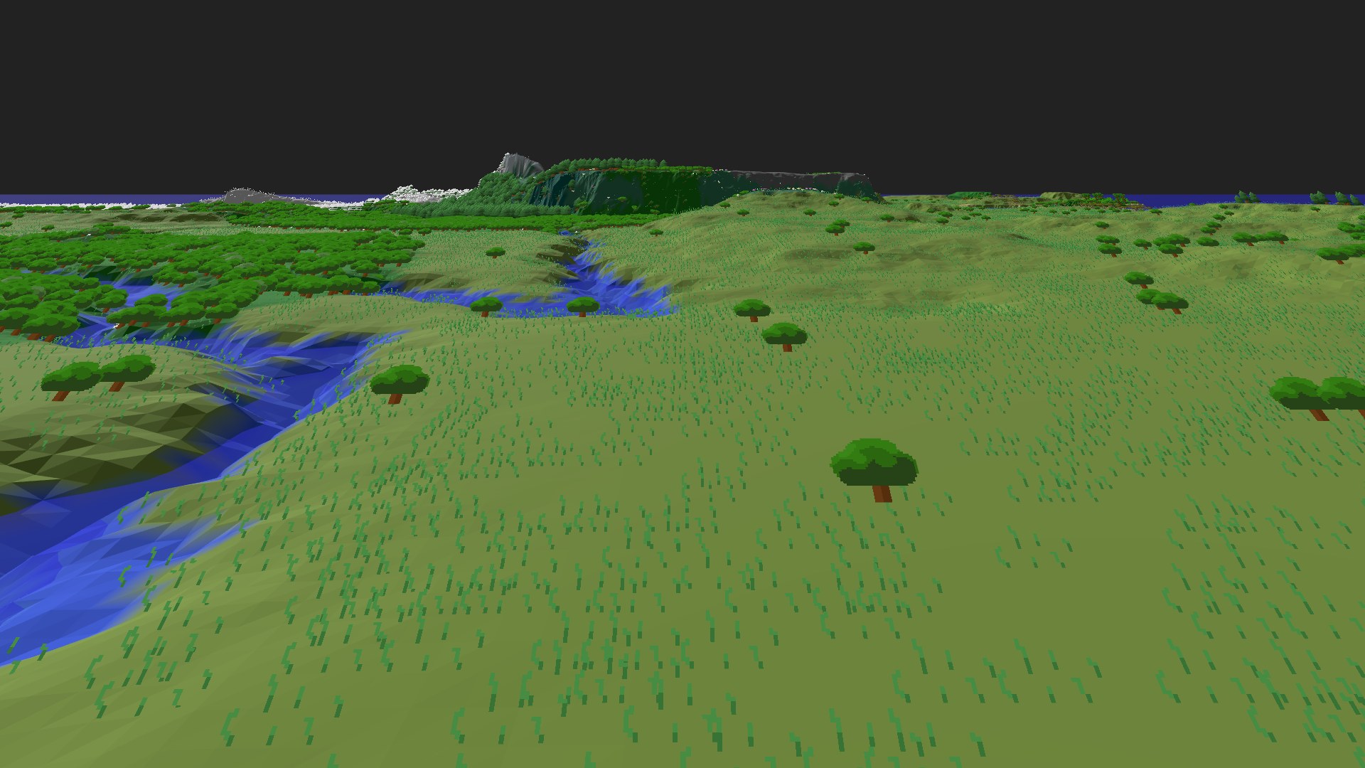Near-horizontal 3D view from spawn looking at the surrounding terrain