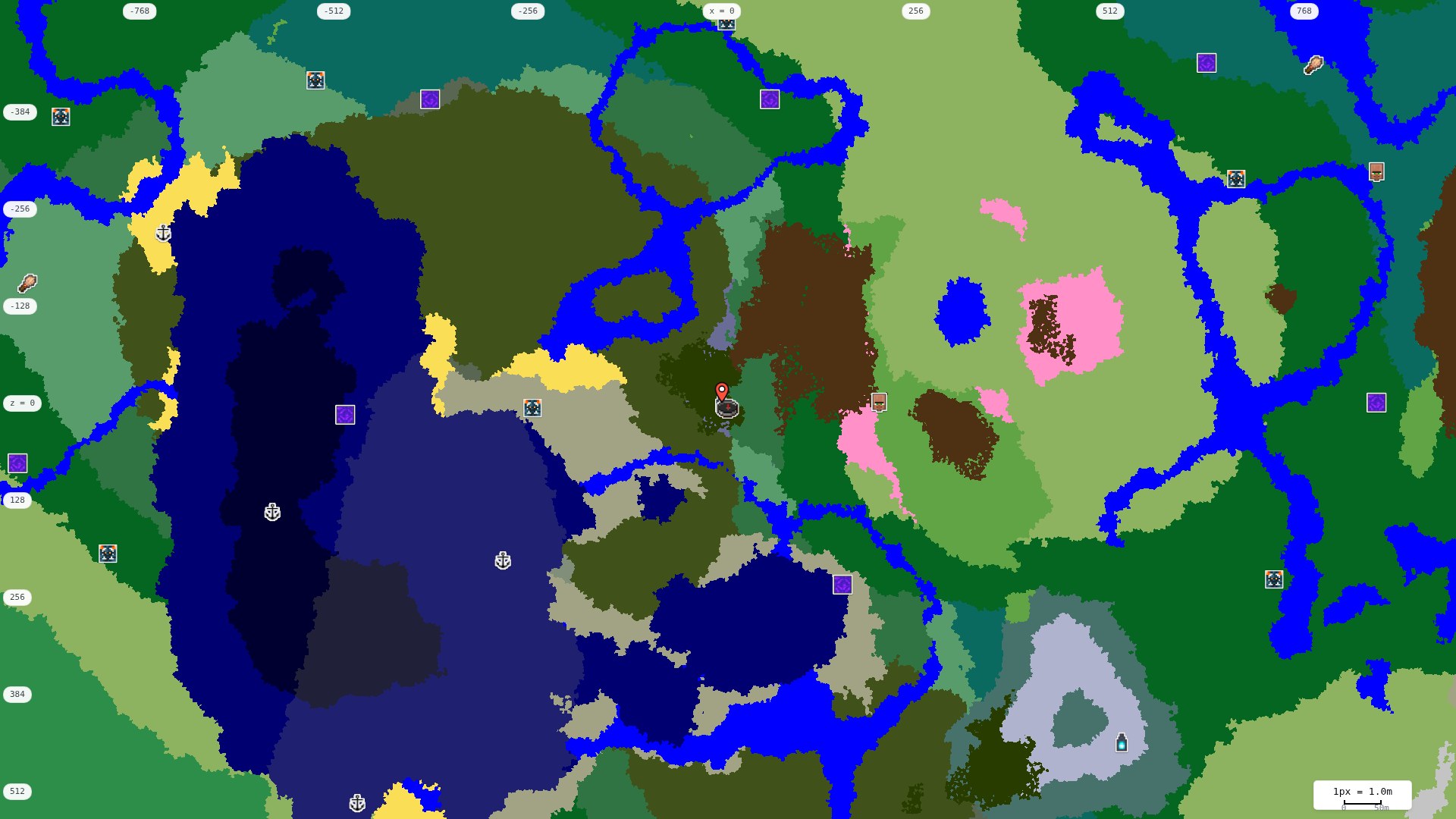 Top-down structures map: village, pillager outpost, ruined portal, shipwreck, woodland mansion, ocean monument, trial chambers, ancient city, desert pyramid, jungle temple, trail ruins