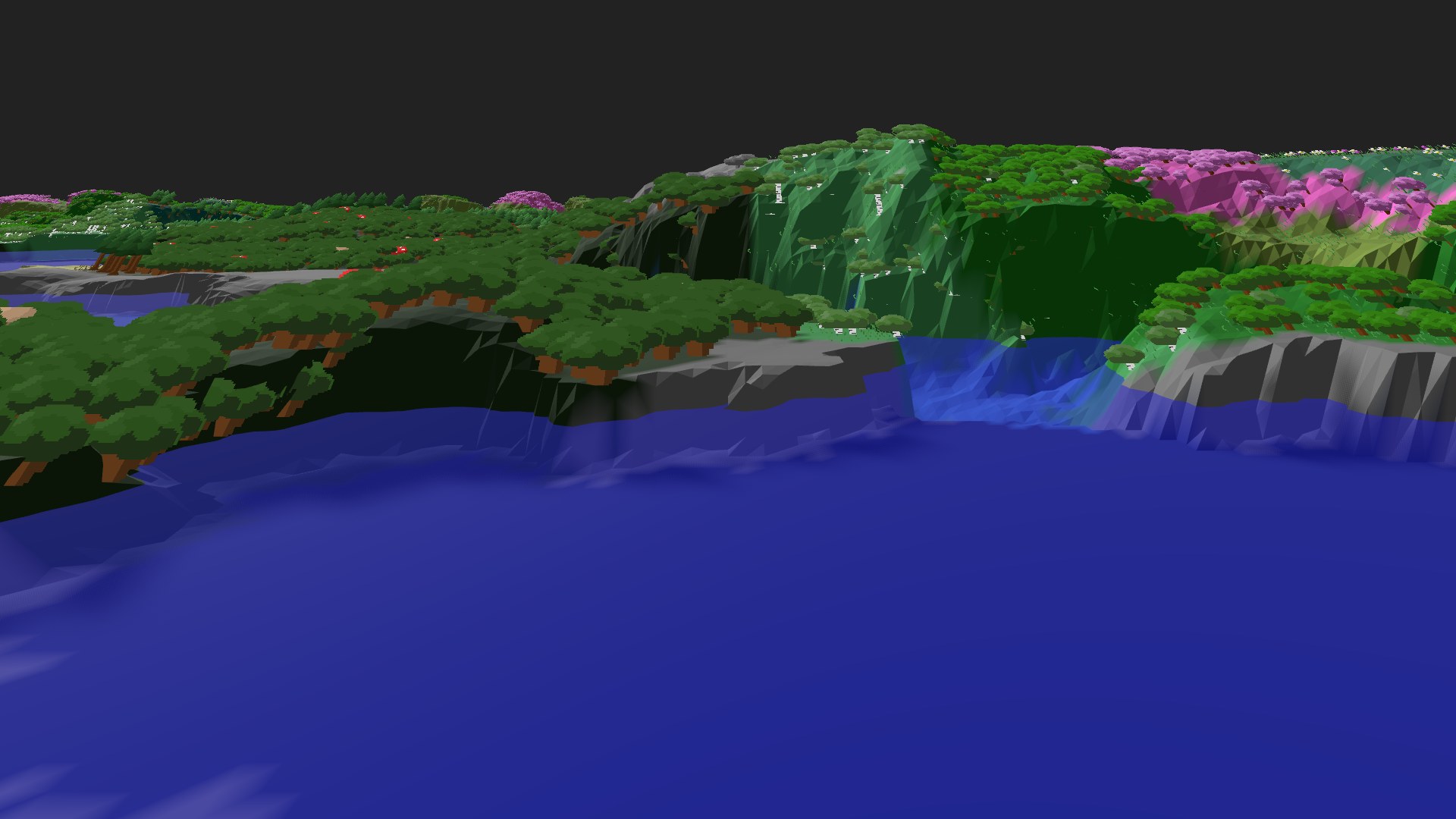 Near-horizontal 3D view from spawn looking at the surrounding terrain