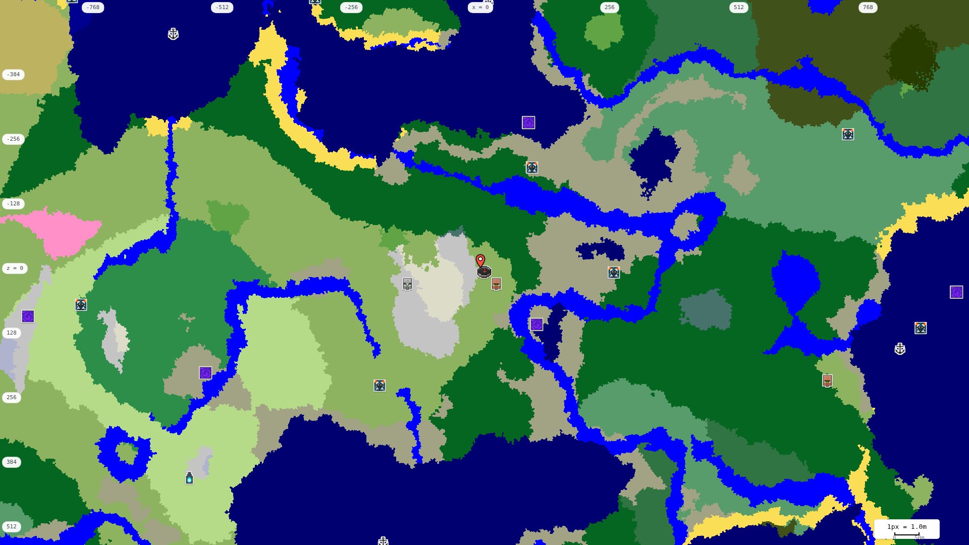 Top-down structures map: village, pillager outpost, ruined portal, shipwreck, woodland mansion, ocean monument, trial chambers, ancient city, desert pyramid, jungle temple, trail ruins
