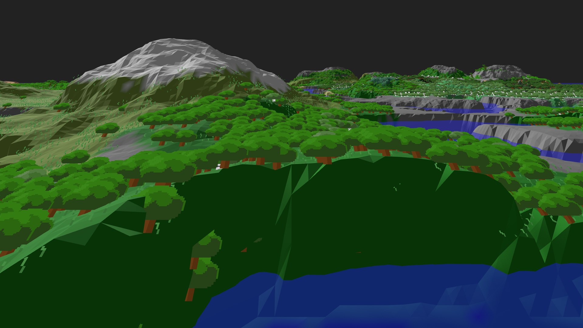 Near-horizontal 3D view from spawn looking at the surrounding terrain