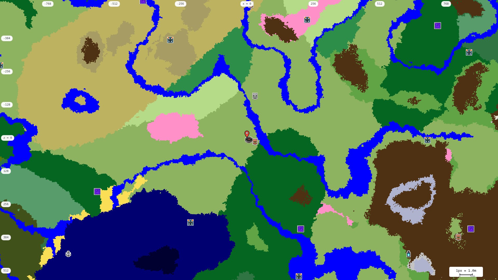 Top-down structures map: village, pillager outpost, ruined portal, shipwreck, woodland mansion, ocean monument, trial chambers, ancient city, desert pyramid, jungle temple, trail ruins