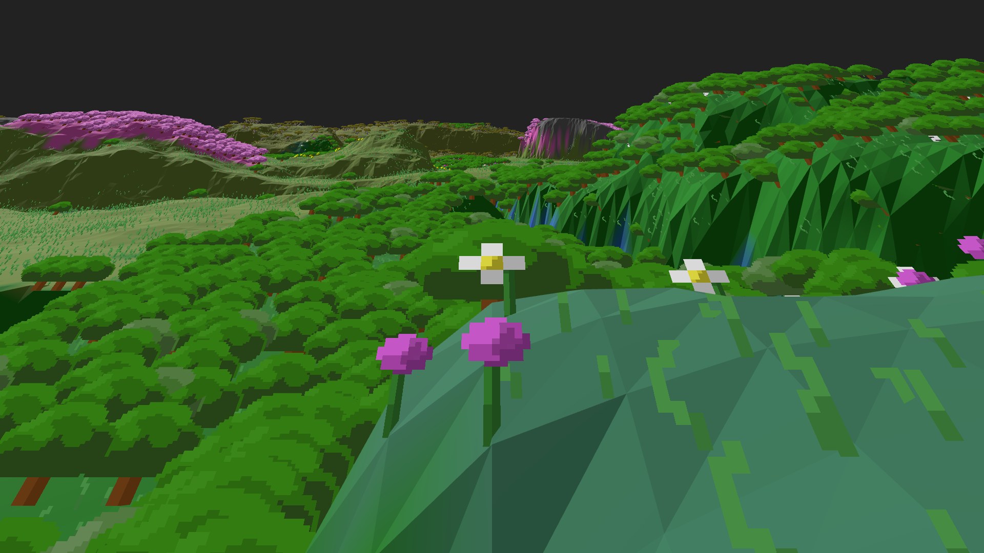 Near-horizontal 3D view from spawn looking at the surrounding terrain