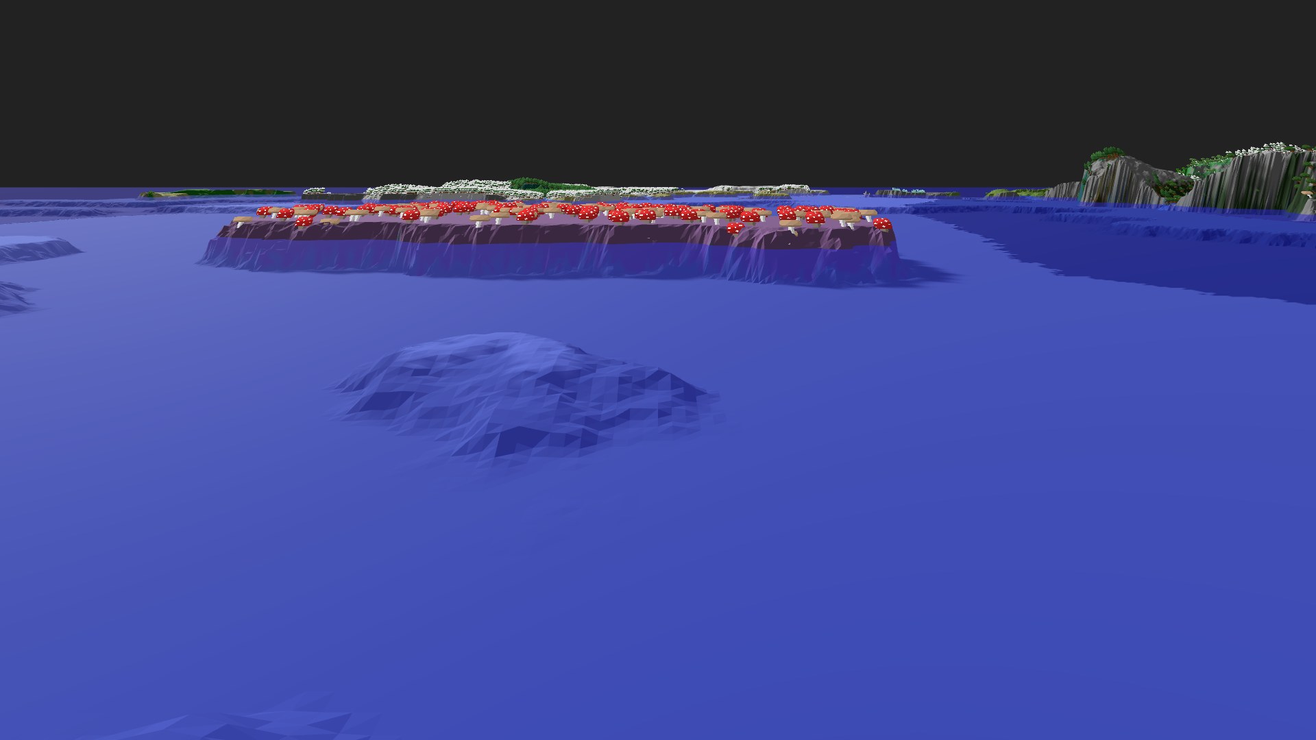 Near-horizontal 3D view from spawn looking at the surrounding terrain