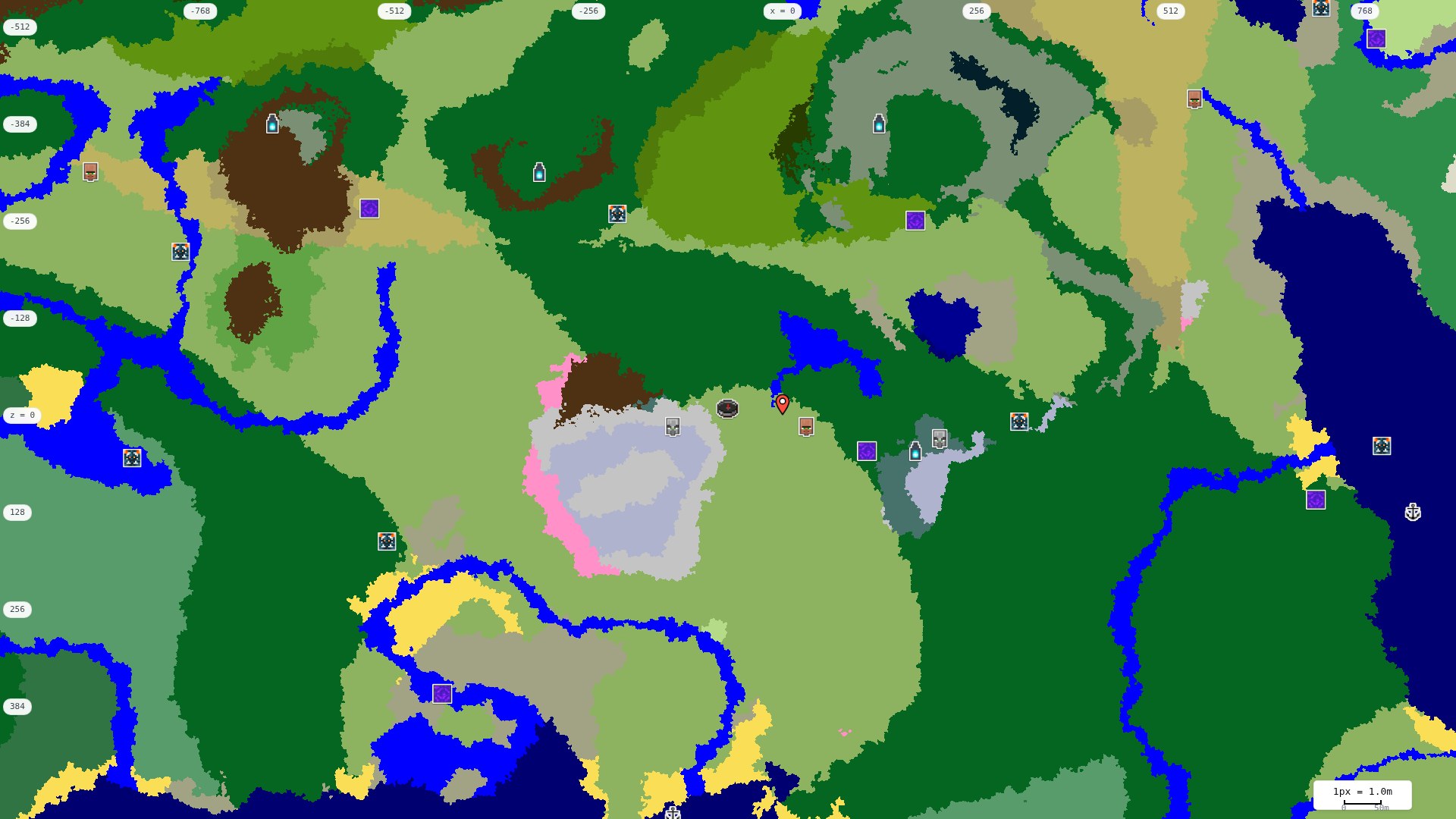 Top-down structures map: village, pillager outpost, ruined portal, shipwreck, woodland mansion, ocean monument, trial chambers, ancient city, desert pyramid, jungle temple, trail ruins