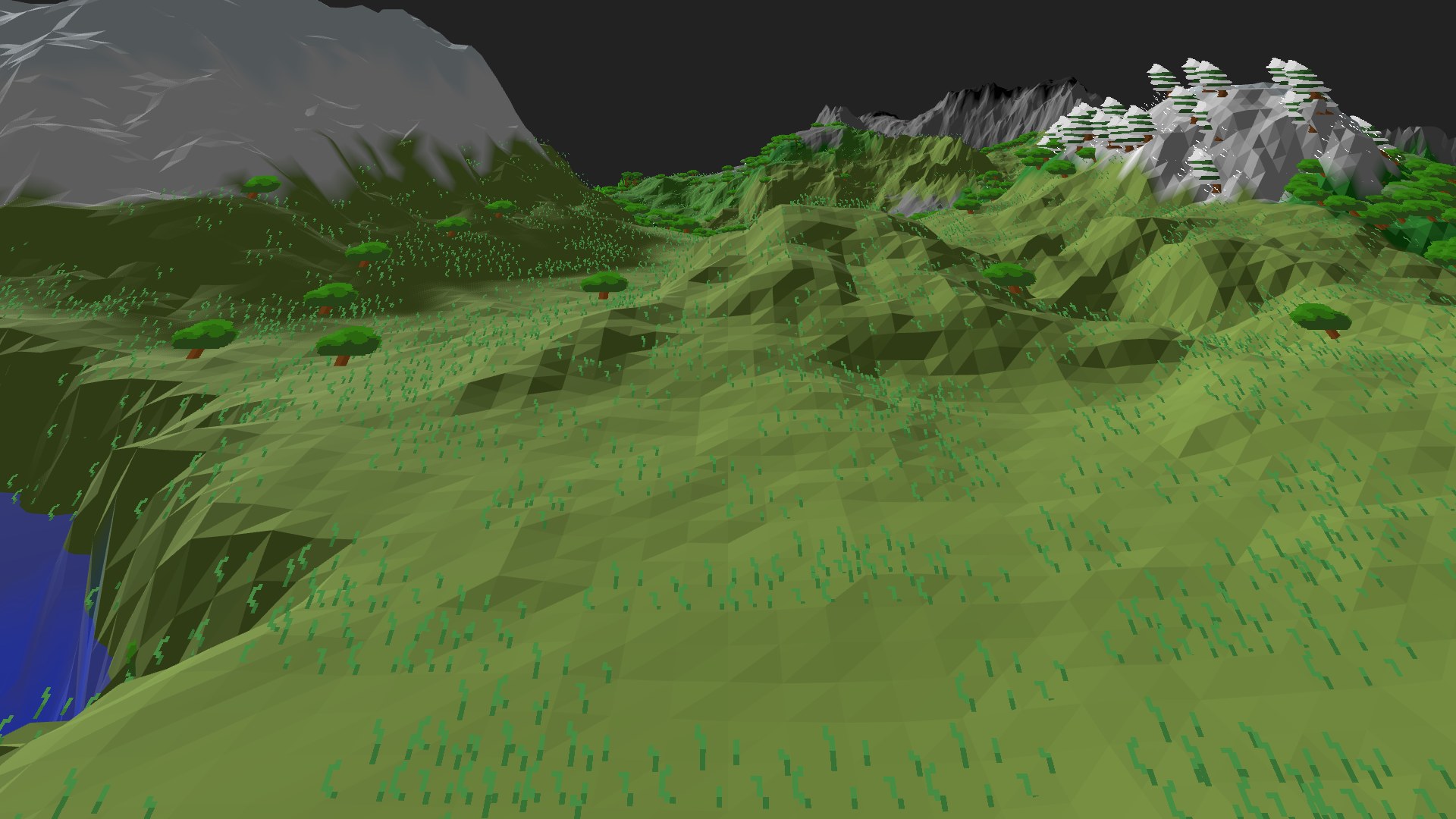Near-horizontal 3D view from spawn looking at the surrounding terrain