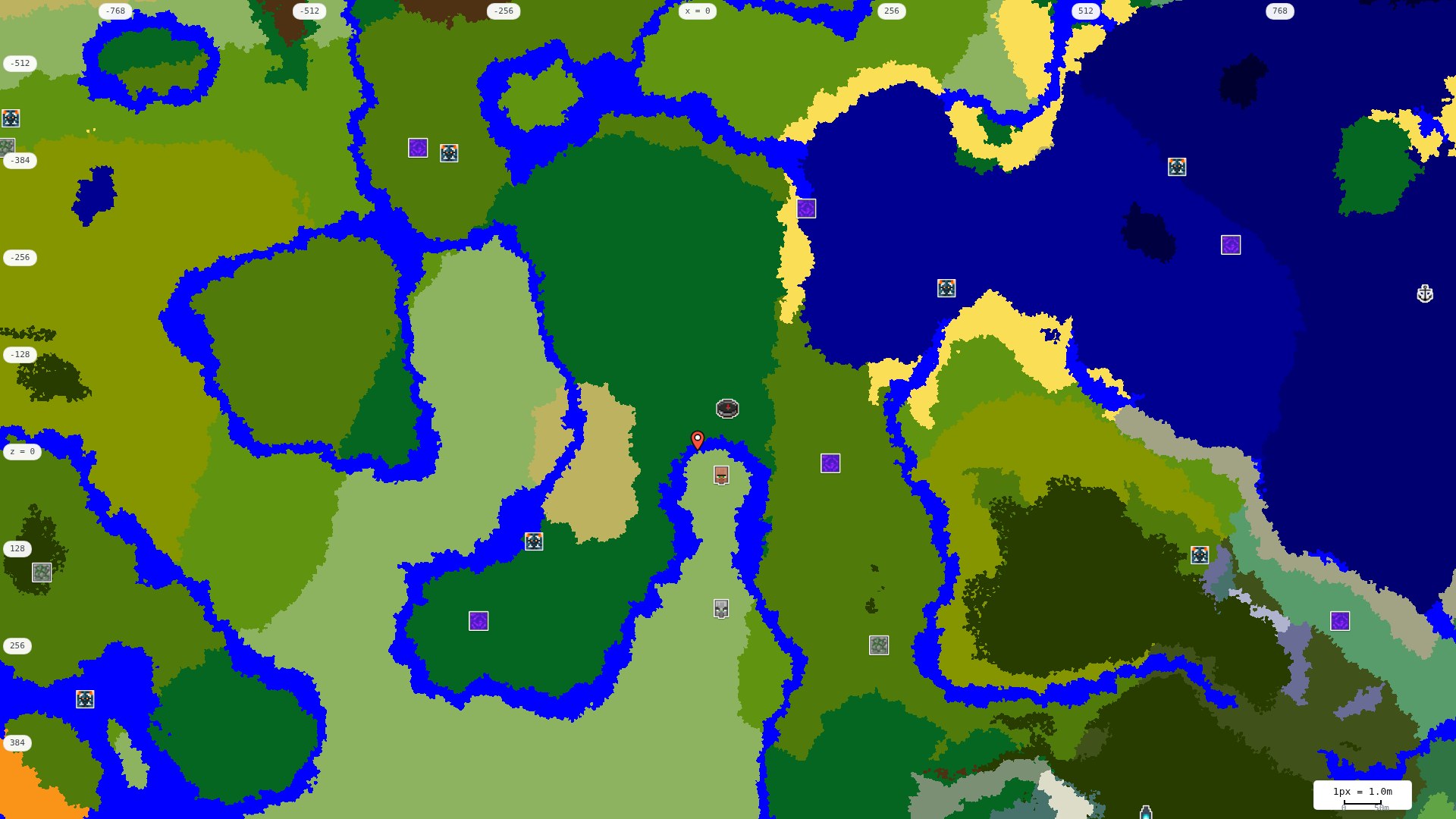 Top-down structures map: village, pillager outpost, ruined portal, shipwreck, woodland mansion, ocean monument, trial chambers, ancient city, desert pyramid, jungle temple, trail ruins