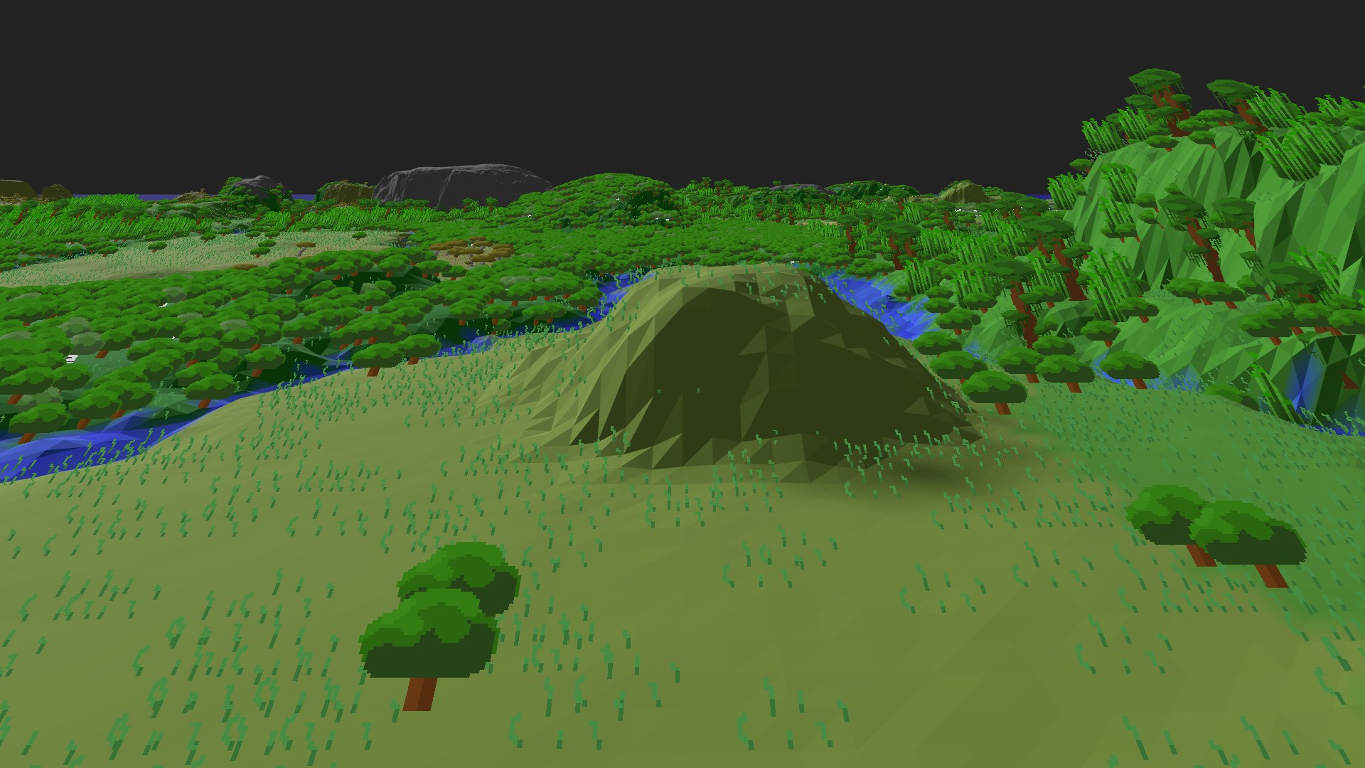 Near-horizontal 3D view from spawn looking at the surrounding terrain