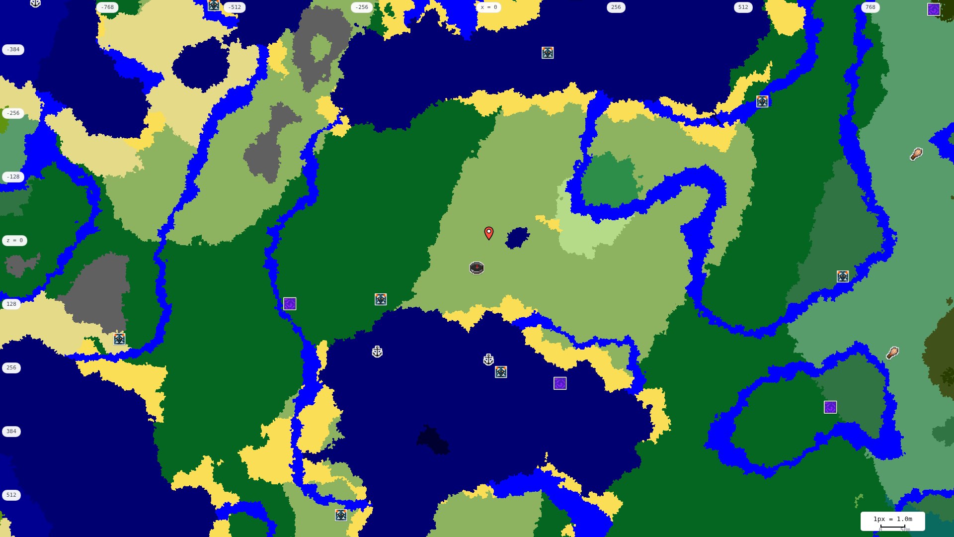 Top-down structures map: village, pillager outpost, ruined portal, shipwreck, woodland mansion, ocean monument, trial chambers, ancient city, desert pyramid, jungle temple, trail ruins