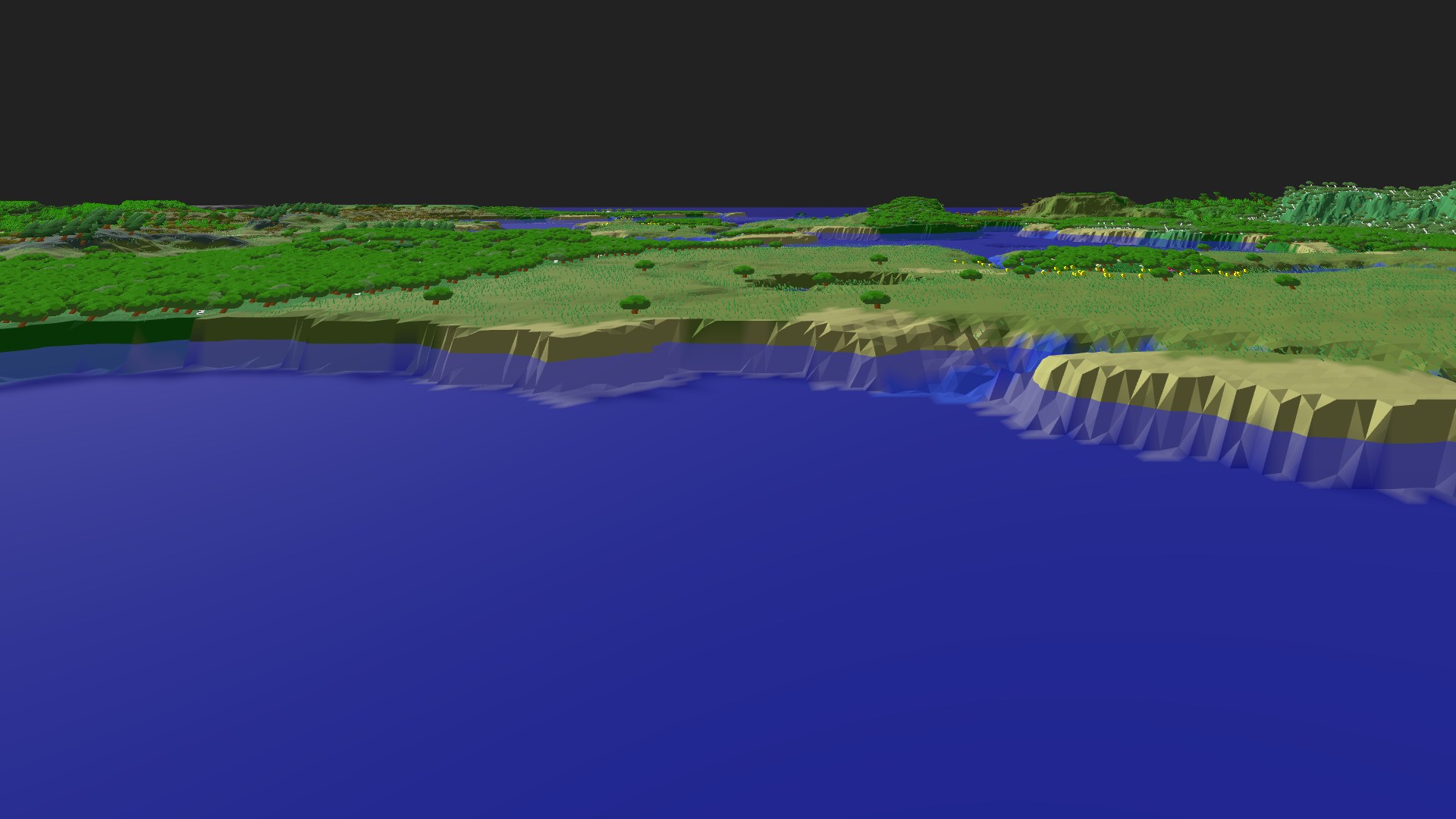 Near-horizontal 3D view from spawn looking at the surrounding terrain