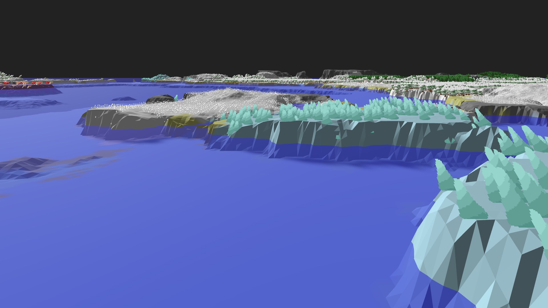 Near-horizontal 3D view from spawn looking at the surrounding terrain