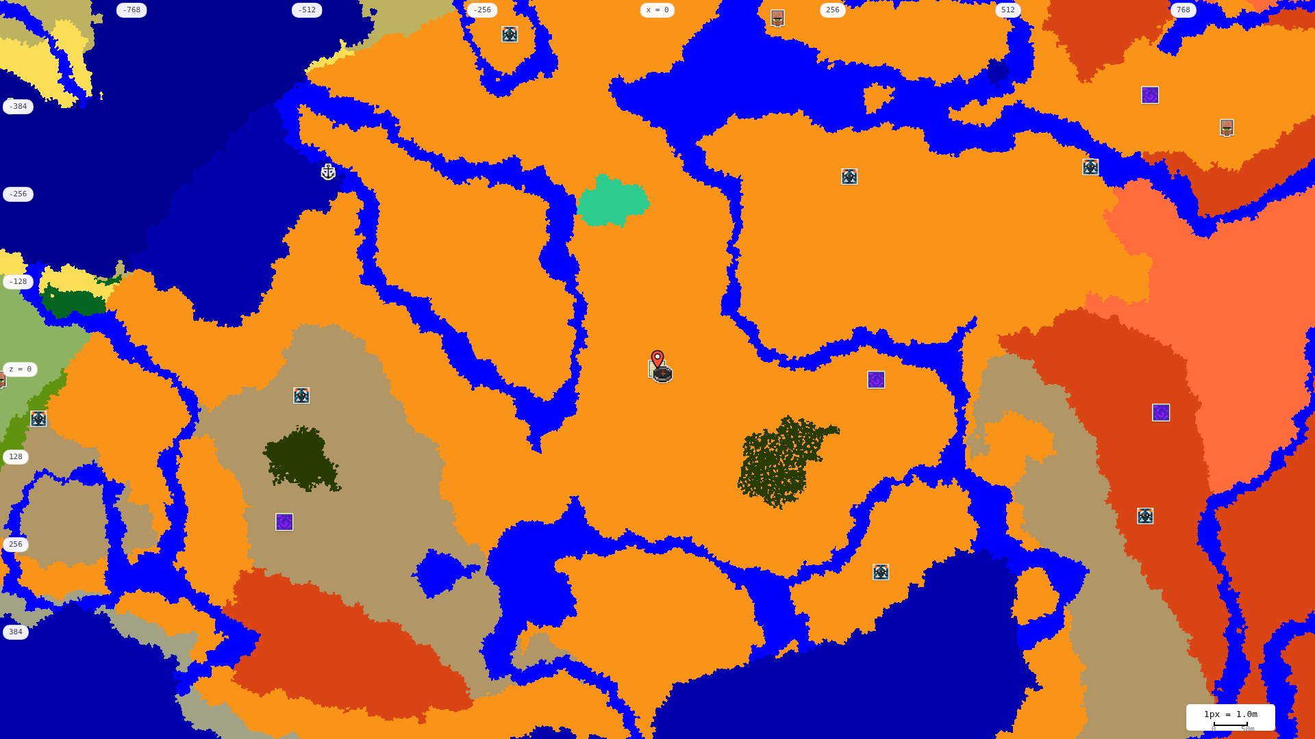 Top-down structures map: village, pillager outpost, ruined portal, shipwreck, woodland mansion, ocean monument, trial chambers, ancient city, desert pyramid, jungle temple, trail ruins