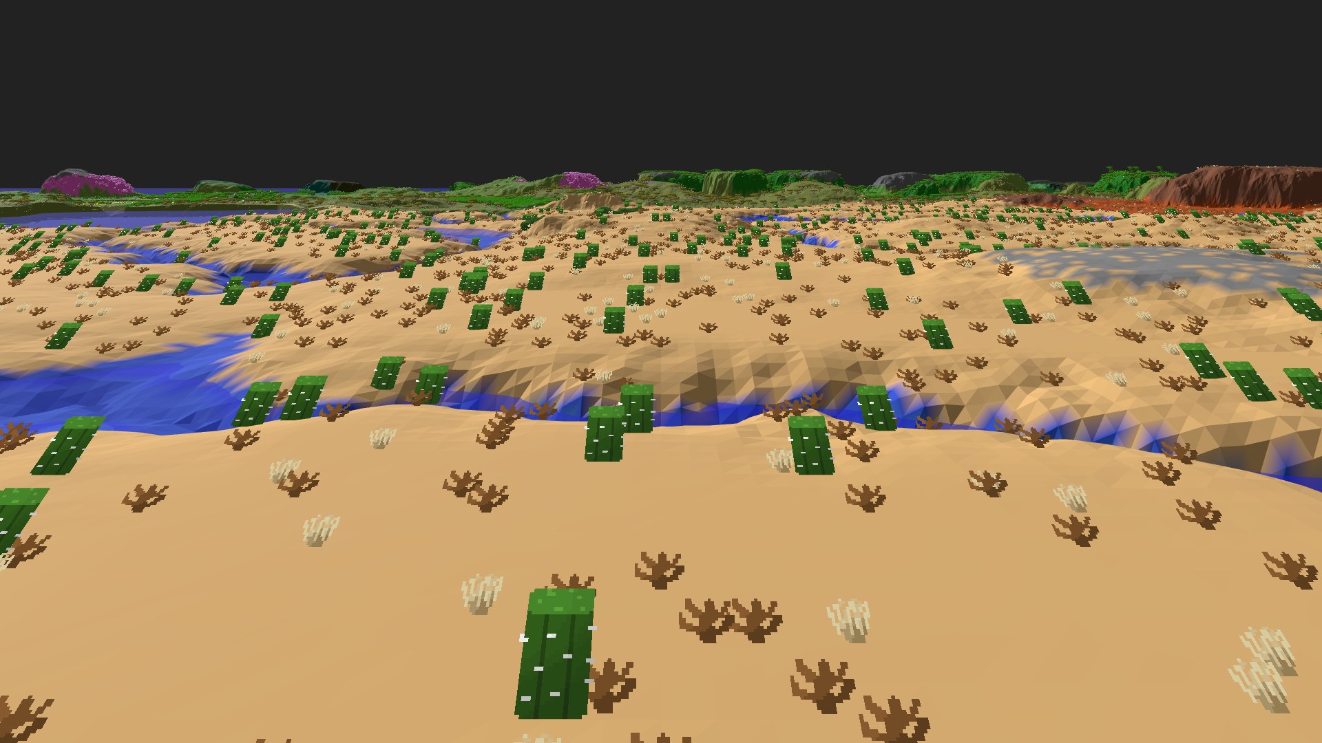Near-horizontal 3D view from spawn looking at the surrounding terrain