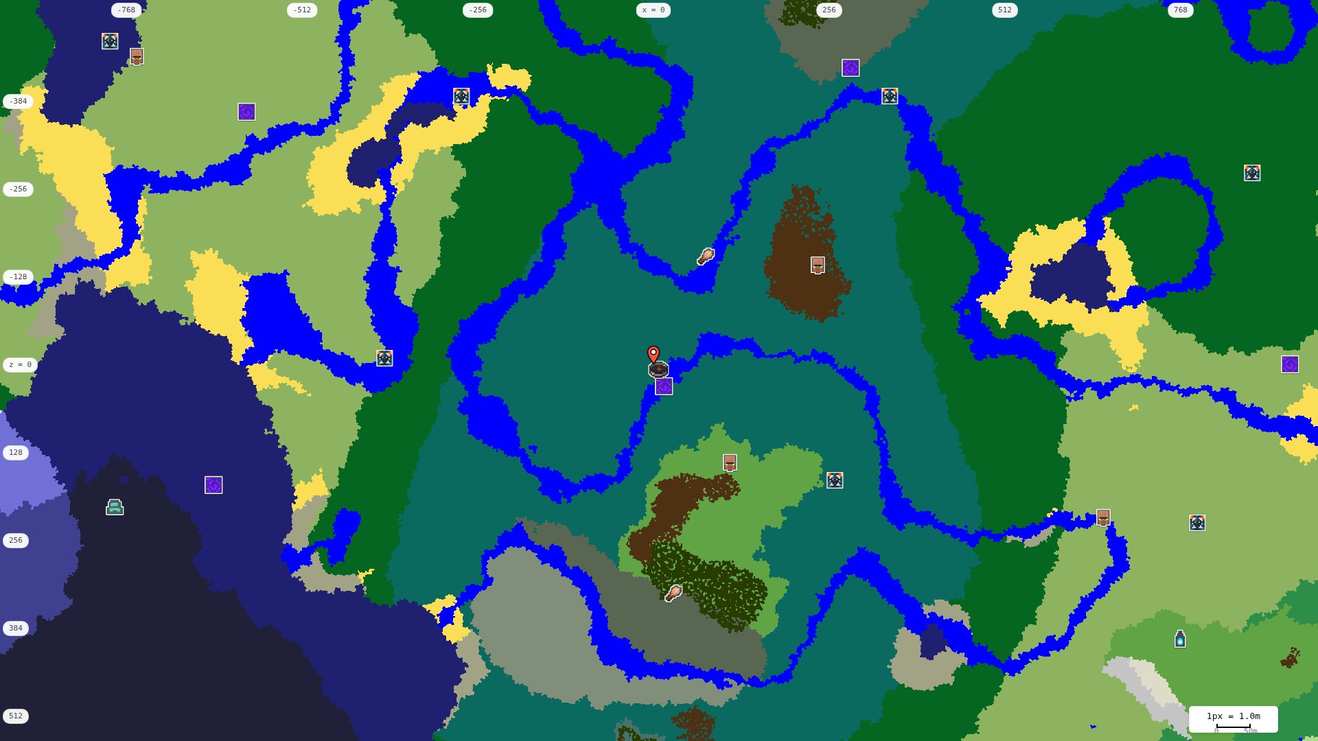 Top-down structures map: village, pillager outpost, ruined portal, shipwreck, woodland mansion, ocean monument, trial chambers, ancient city, desert pyramid, jungle temple, trail ruins