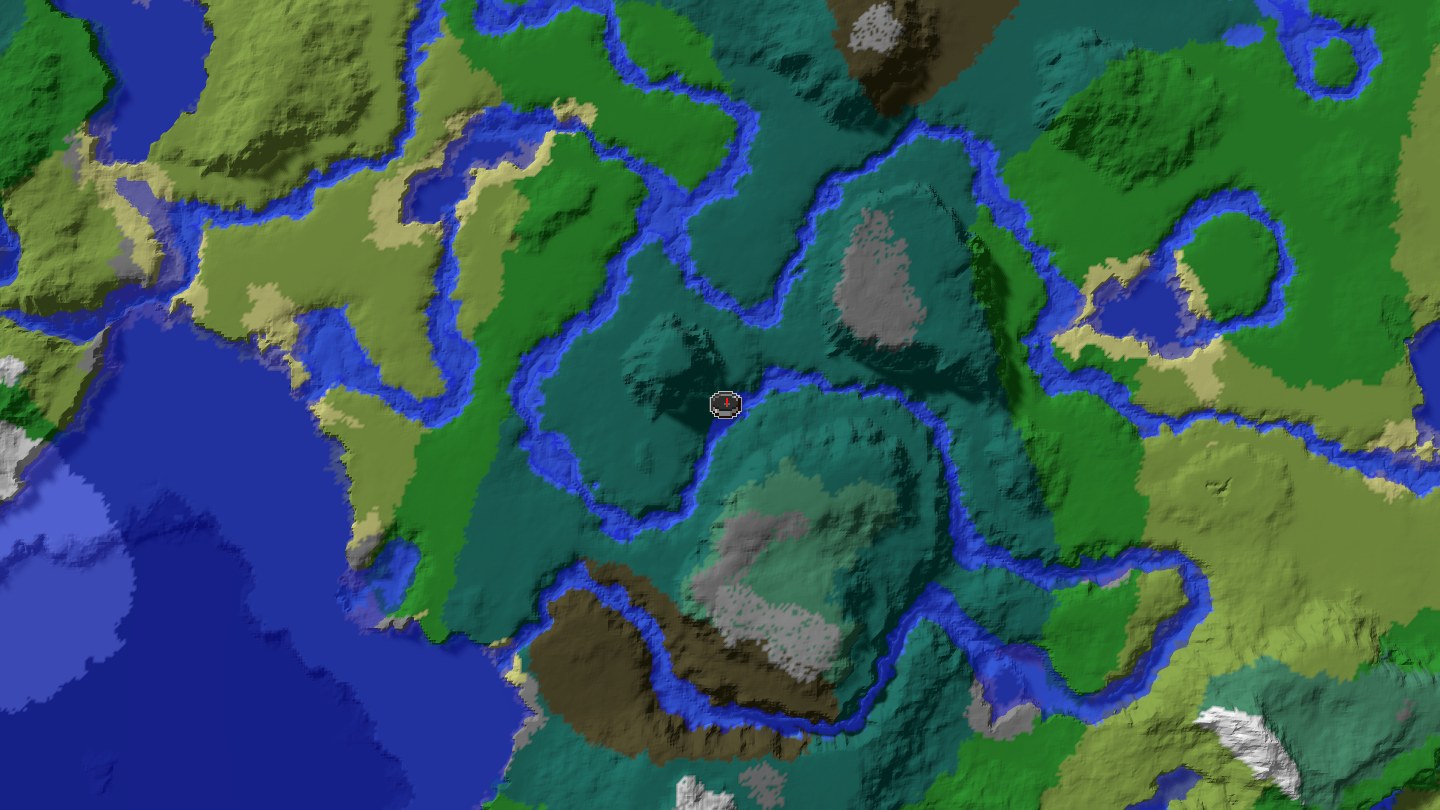 Aerial Minecraft seed map — Mountain village chain with two peak villages and four villages nearby [25103729