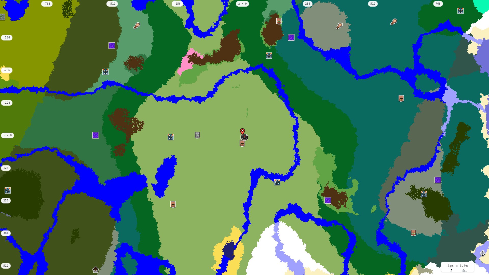 Top-down structures map: village, pillager outpost, ruined portal, shipwreck, woodland mansion, ocean monument, trial chambers, ancient city, desert pyramid, jungle temple, trail ruins