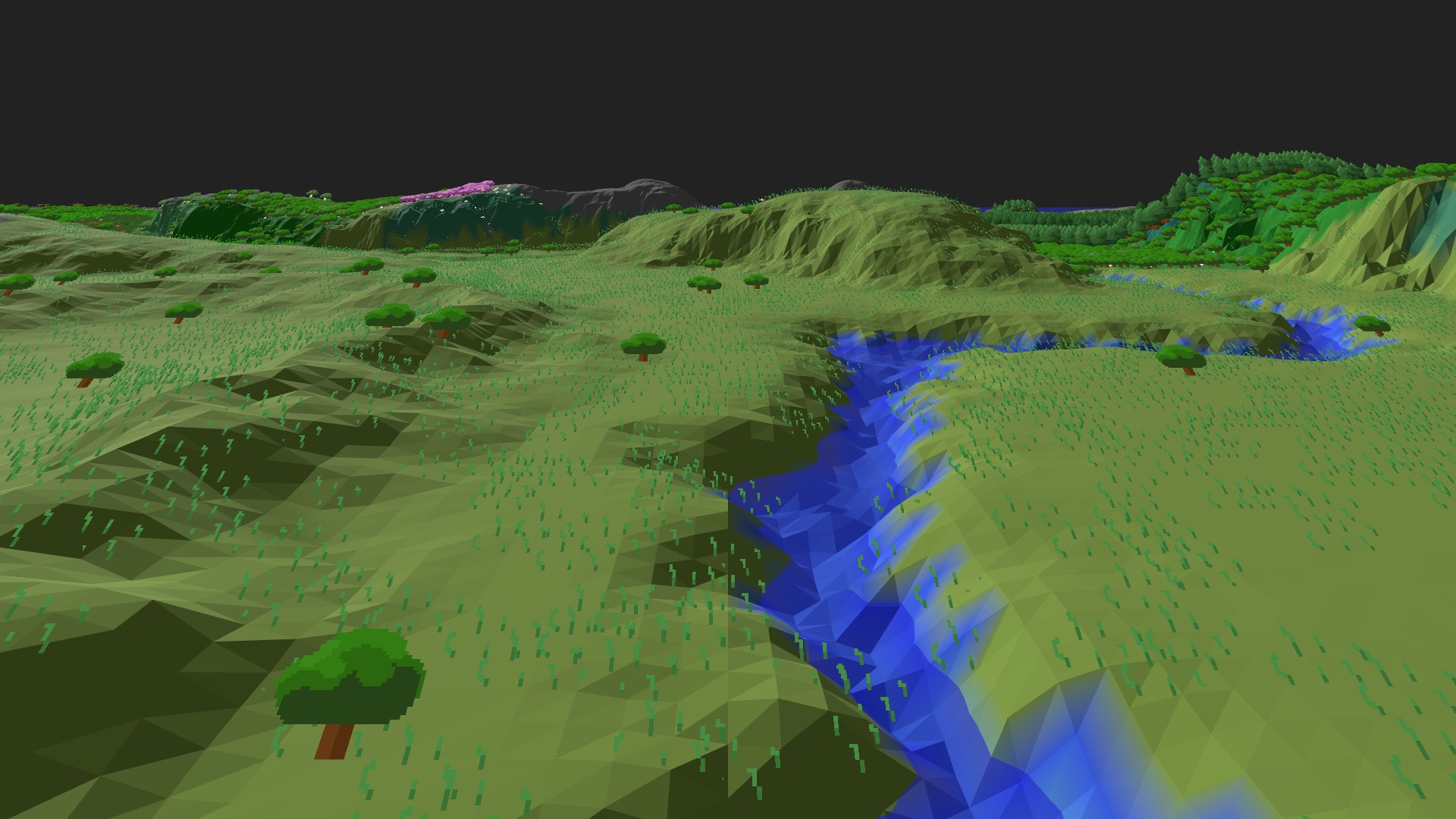 Near-horizontal 3D view from spawn looking at the surrounding terrain