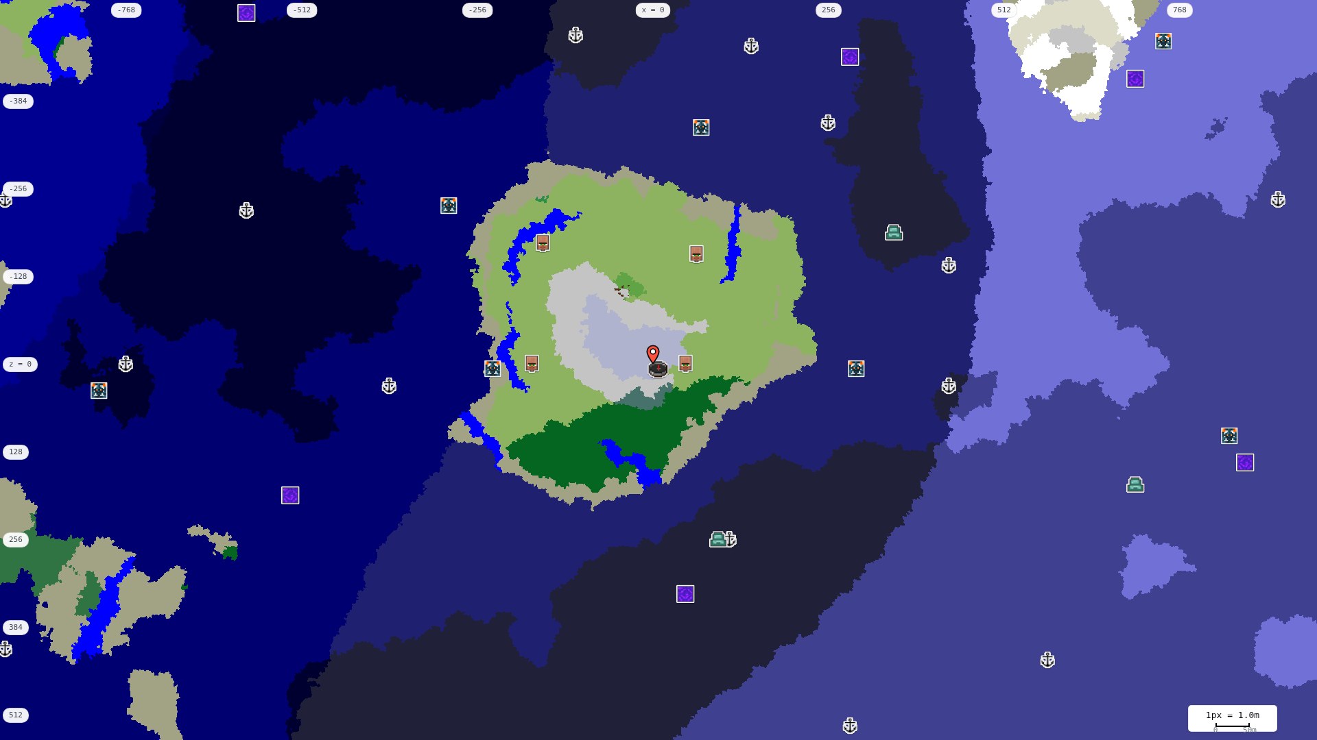 Top-down structures map: village, pillager outpost, ruined portal, shipwreck, woodland mansion, ocean monument, trial chambers, ancient city, desert pyramid, jungle temple, trail ruins