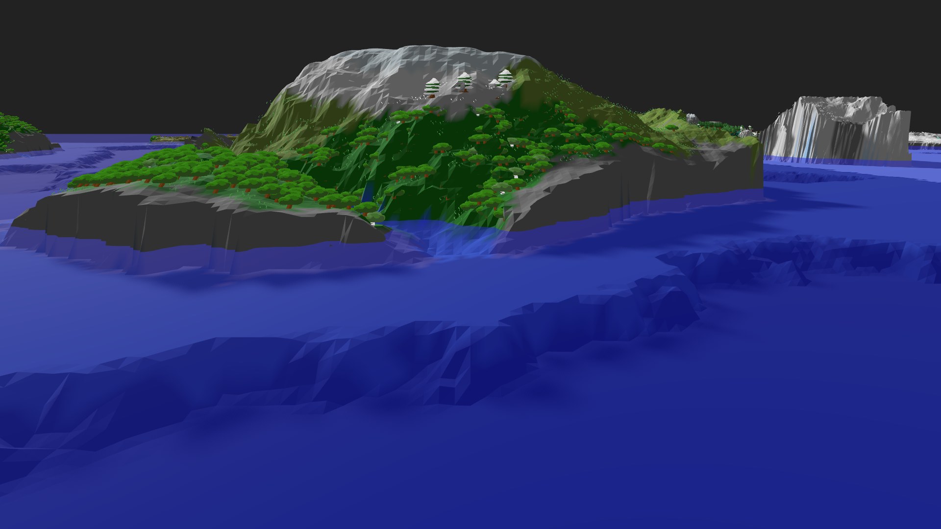 Near-horizontal 3D view from spawn looking at the surrounding terrain