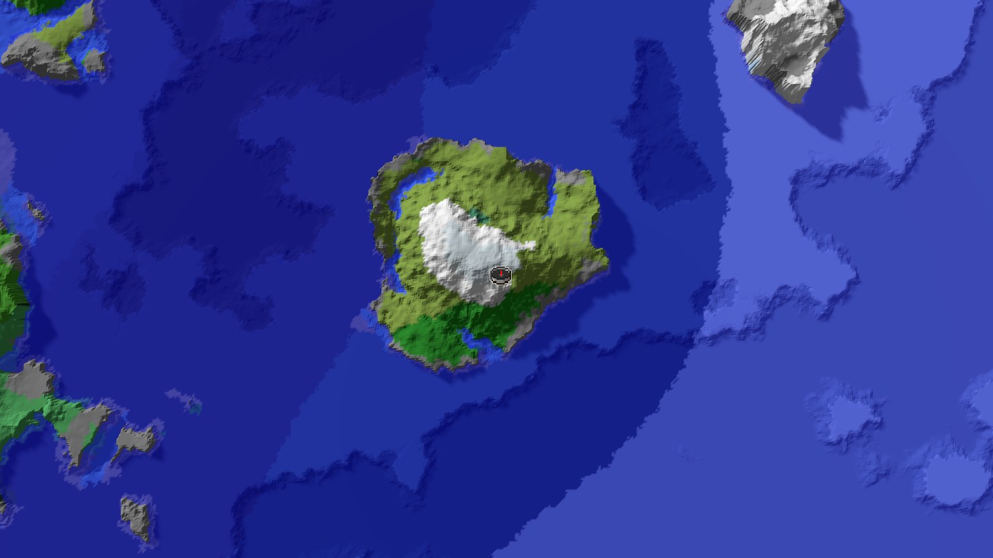 Aerial Minecraft seed map — Quadruple village wrapped around a tiny island near spawn [2800096416986572871]