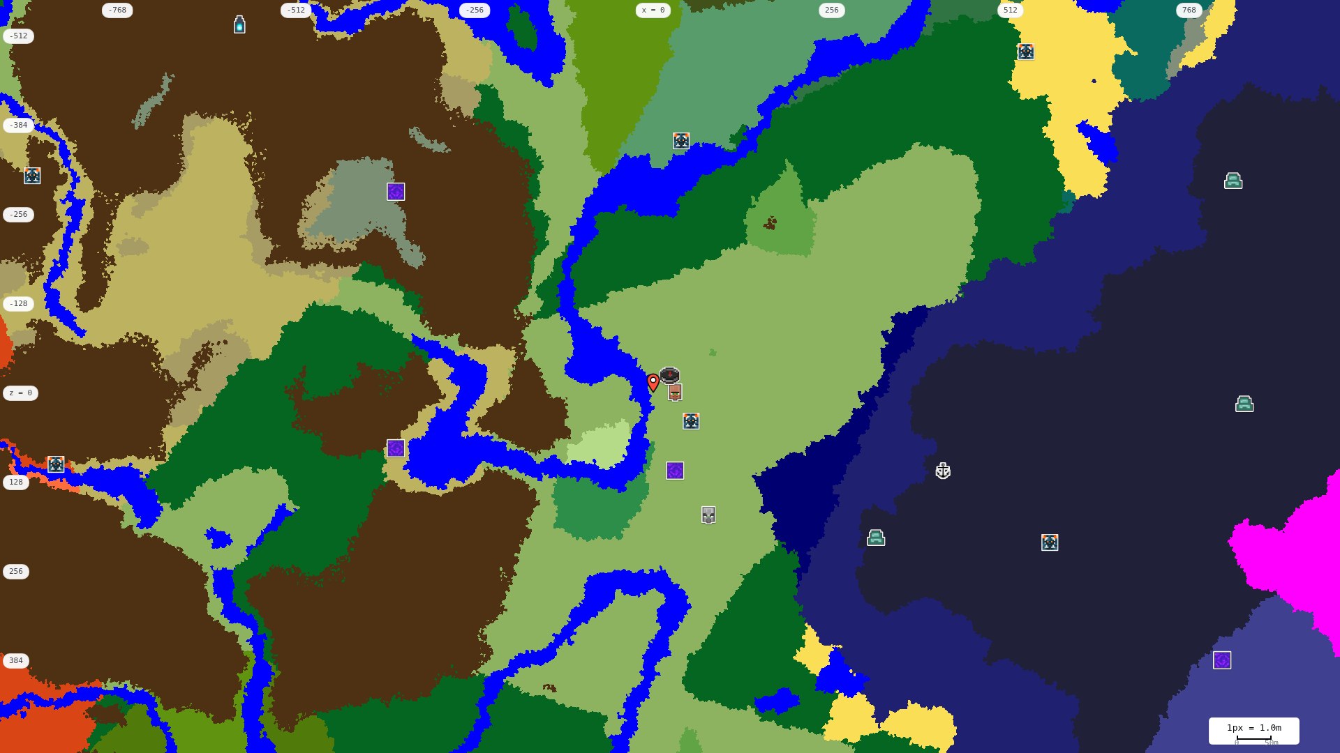 Top-down structures map: village, pillager outpost, ruined portal, shipwreck, woodland mansion, ocean monument, trial chambers, ancient city, desert pyramid, jungle temple, trail ruins