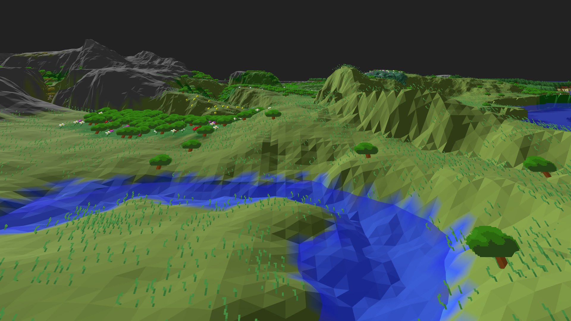 Near-horizontal 3D view from spawn looking at the surrounding terrain