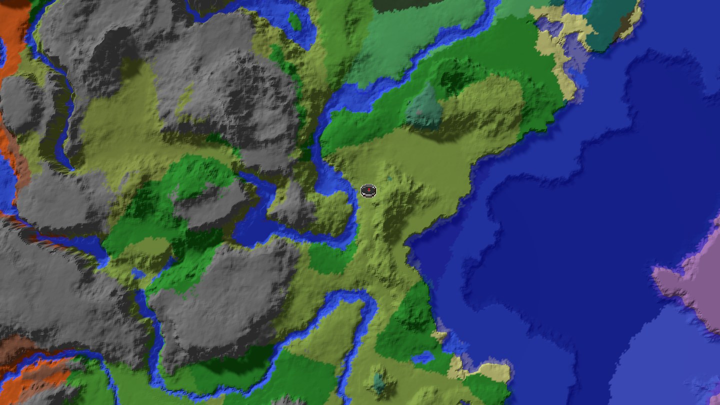 Aerial Minecraft seed map — Village, ruined portal, buried treasure, and monument route seed [28639534]