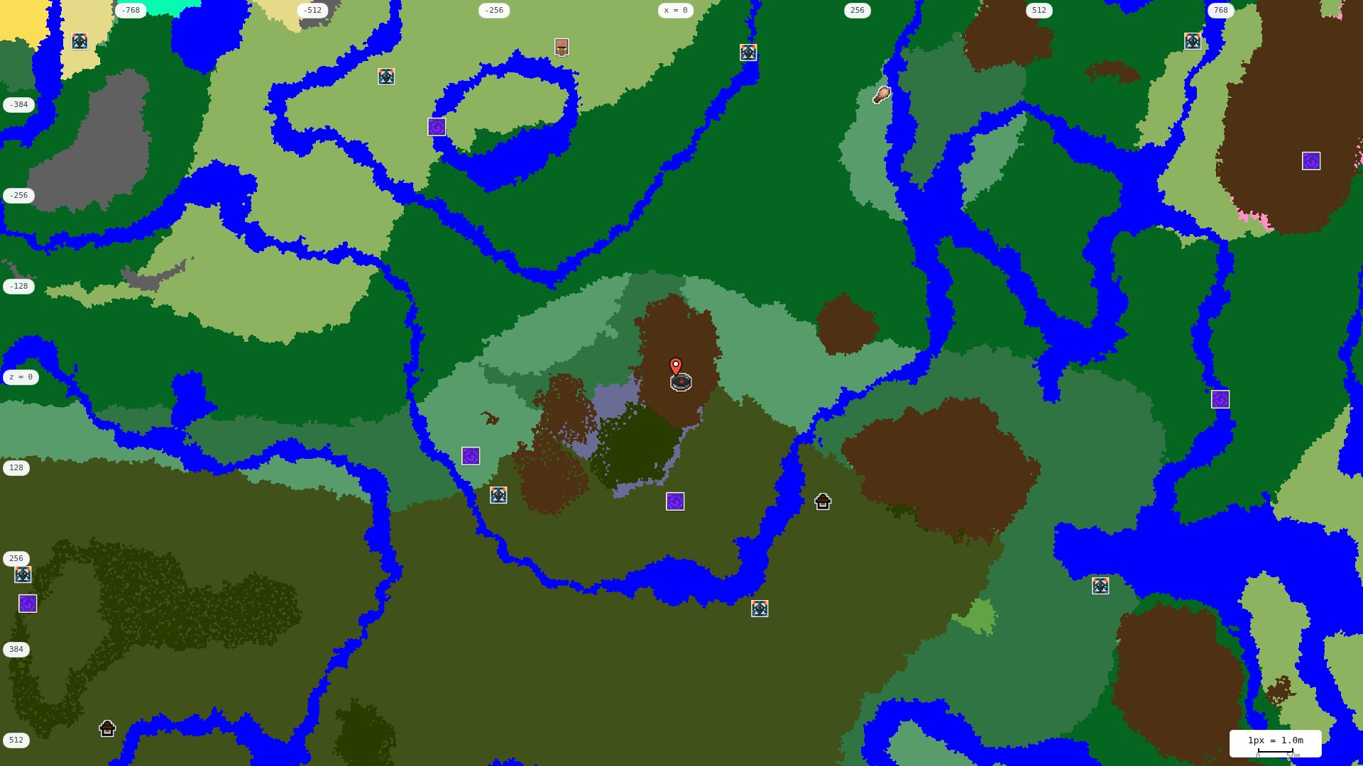 Top-down structures map: village, pillager outpost, ruined portal, shipwreck, woodland mansion, ocean monument, trial chambers, ancient city, desert pyramid, jungle temple, trail ruins