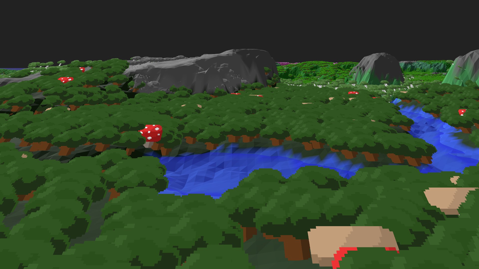 Near-horizontal 3D view from spawn looking at the surrounding terrain