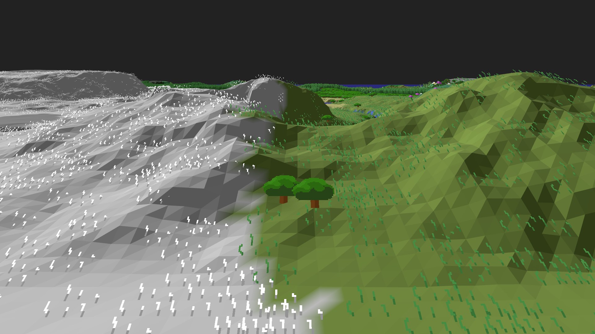 Near-horizontal 3D view from spawn looking at the surrounding terrain