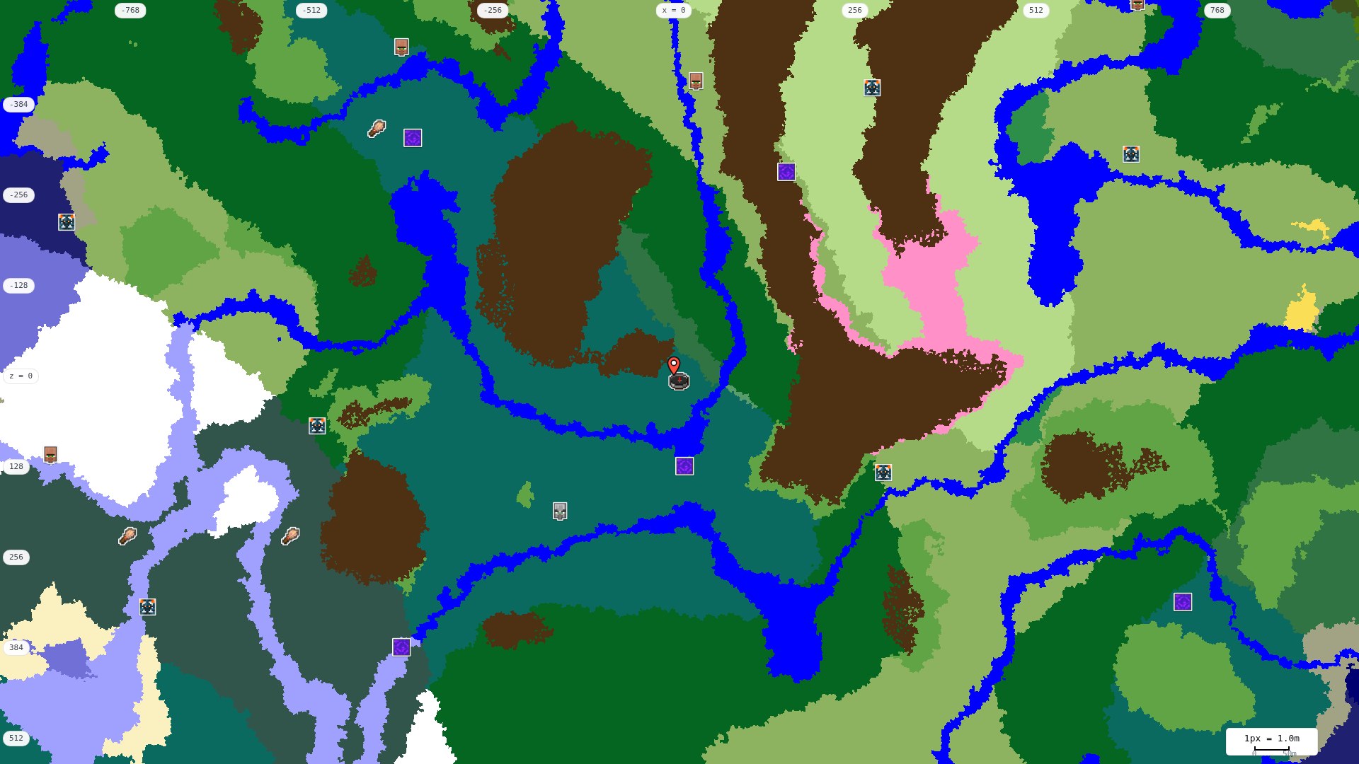 Top-down structures map: village, pillager outpost, ruined portal, shipwreck, woodland mansion, ocean monument, trial chambers, ancient city, desert pyramid, jungle temple, trail ruins