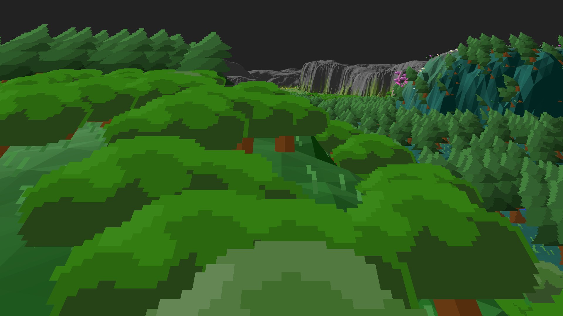 Near-horizontal 3D view from spawn looking at the surrounding terrain