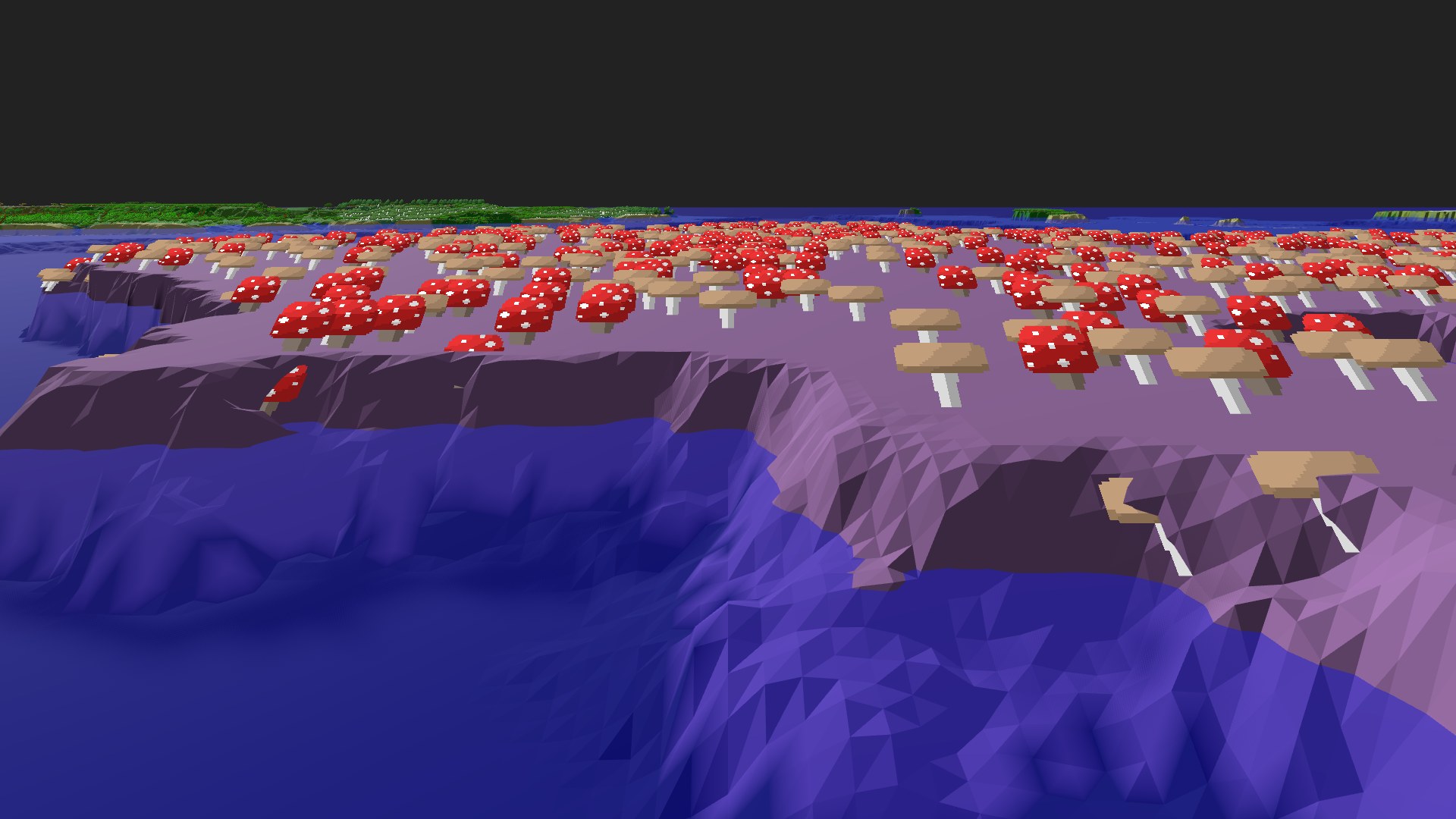 Near-horizontal 3D view from spawn looking at the surrounding terrain
