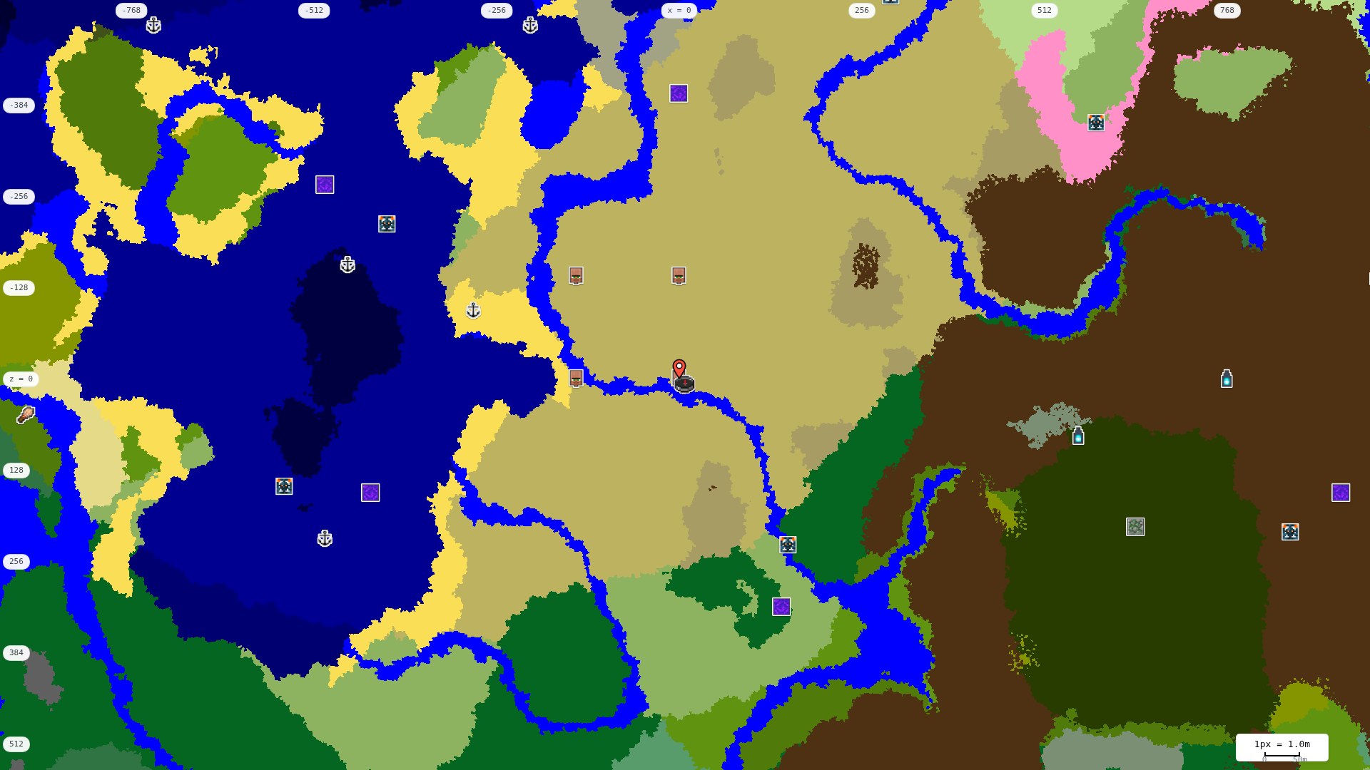Top-down structures map: village, pillager outpost, ruined portal, shipwreck, woodland mansion, ocean monument, trial chambers, ancient city, desert pyramid, jungle temple, trail ruins