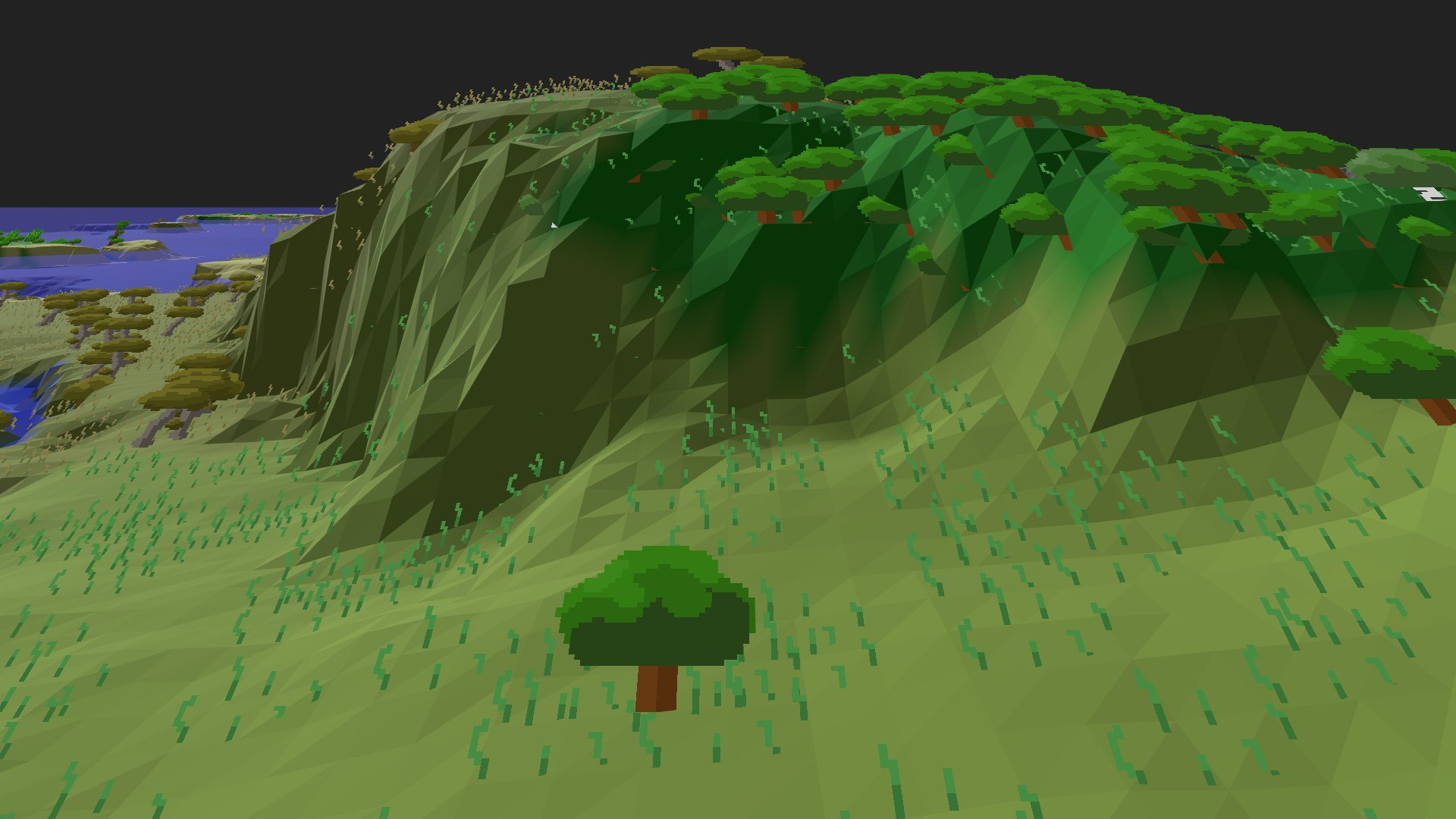 Near-horizontal 3D view from spawn looking at the surrounding terrain